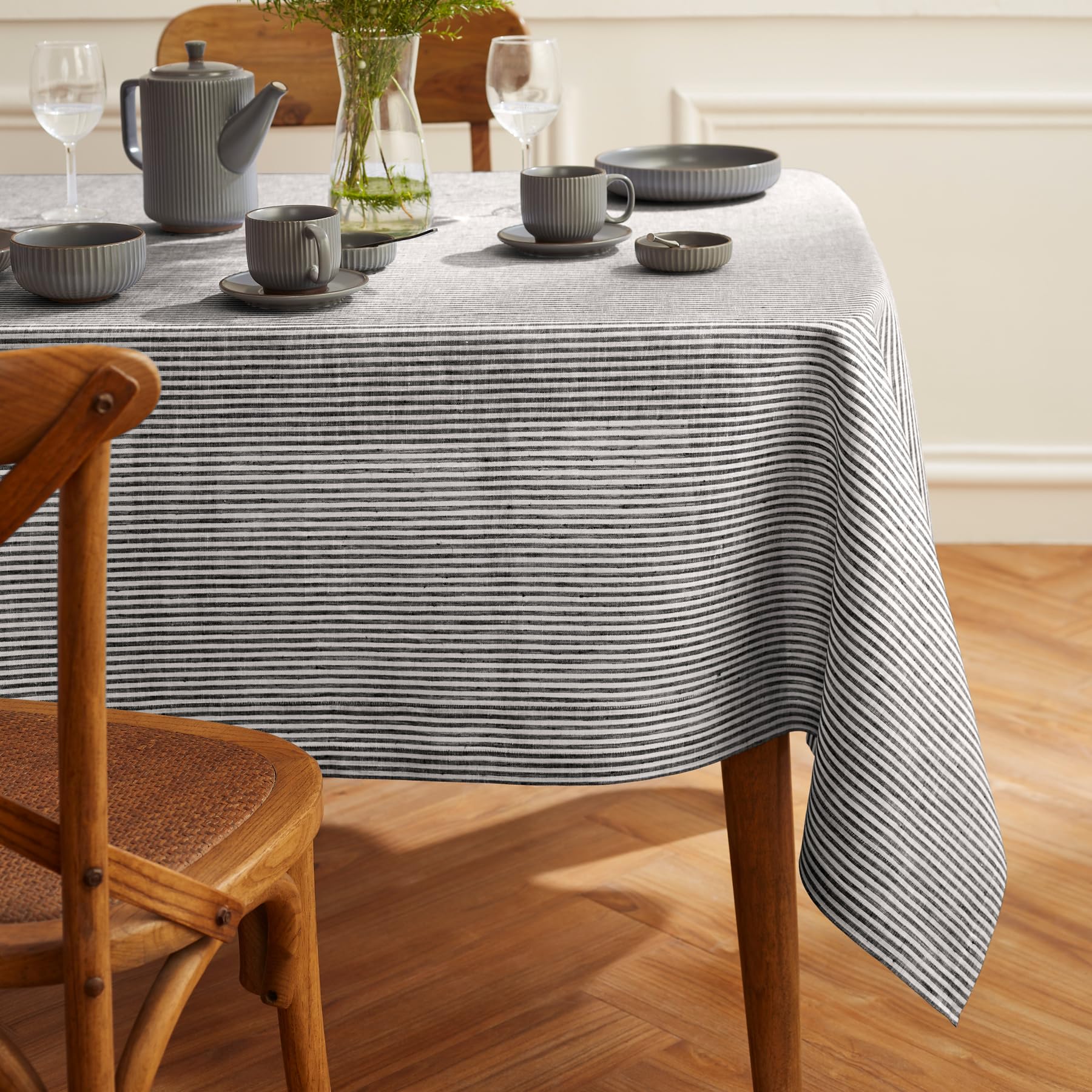 Solino Home Stripe Linen Tablecloth - 100% Pure Linen Black And White Tablecloth 120'' L X 60'' W For Spring, Easter - Handcraft