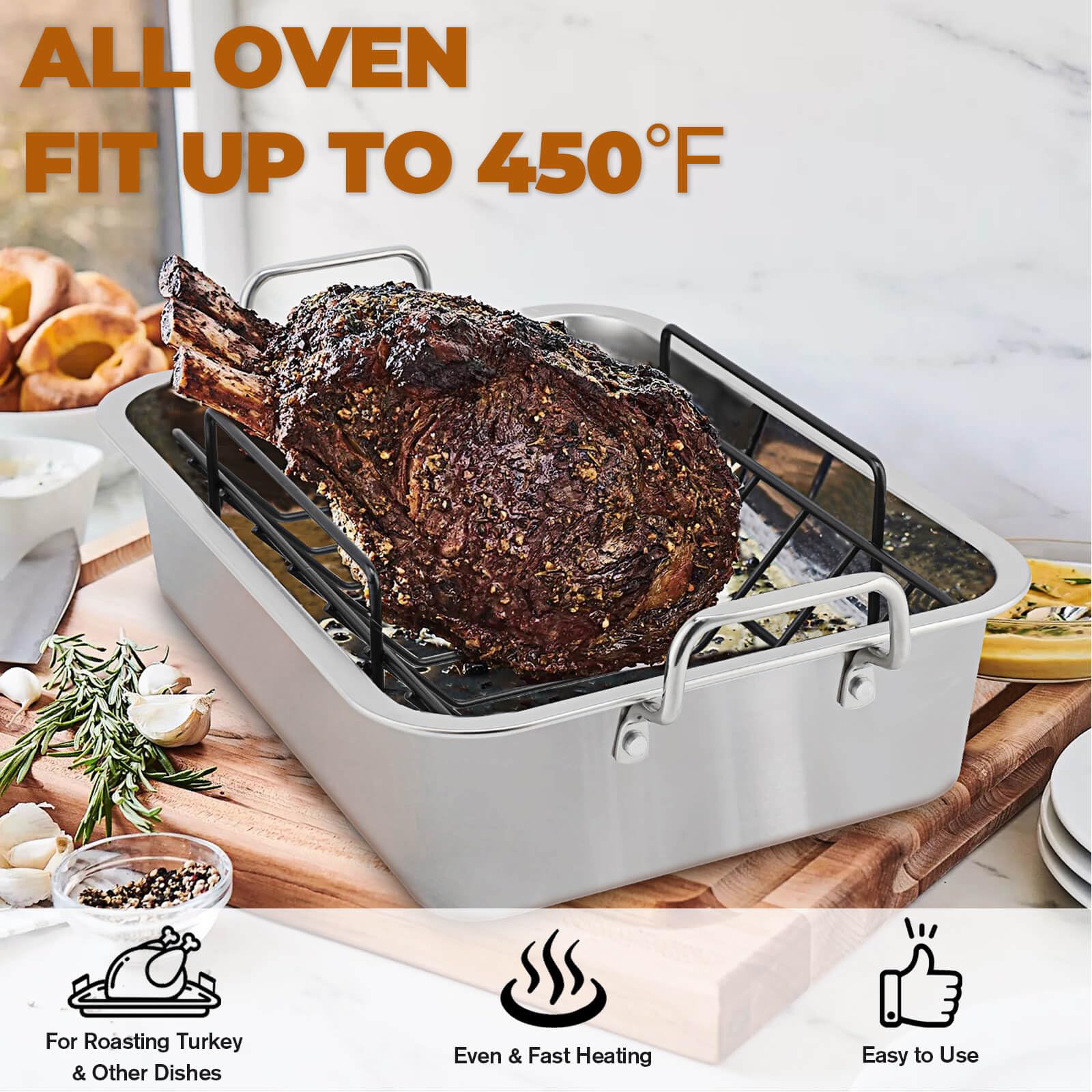 Turkey Roasting Pan With Nonstick Rack: Large 16 X 12 Inch Stainless Steel Turkey Roast Pan Set Rectangular Roaster - Perfect Fo