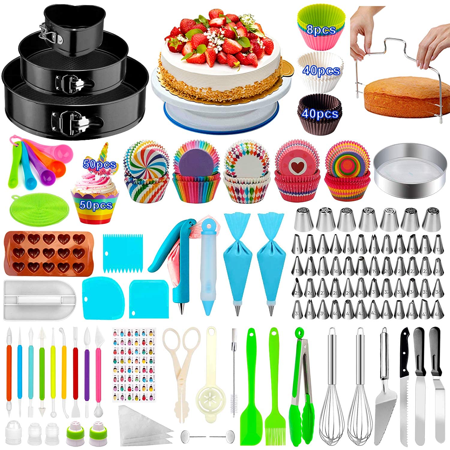 Cake Decorating Supplies,493 Pcs Cake Decorating Kit 3 Packs Springform Cake Pans, Cake Rotating Turntable,48 Piping Icing Tips,