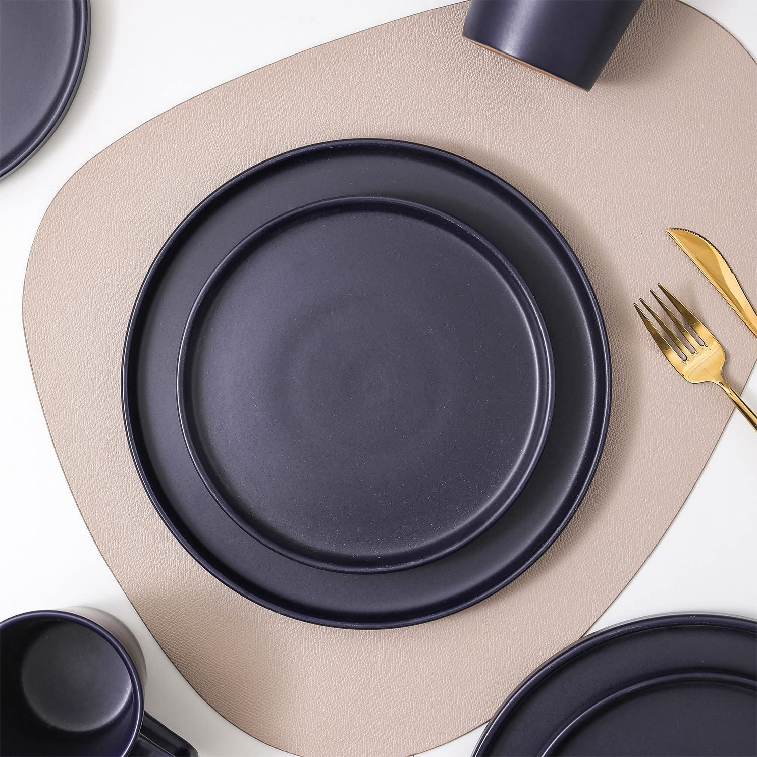 Stone Lain Cleo Modern Stoneware 32-Piece Dinnerware Set, Plates and Bowls Set, Dish Set Service For 8, Dark Blue