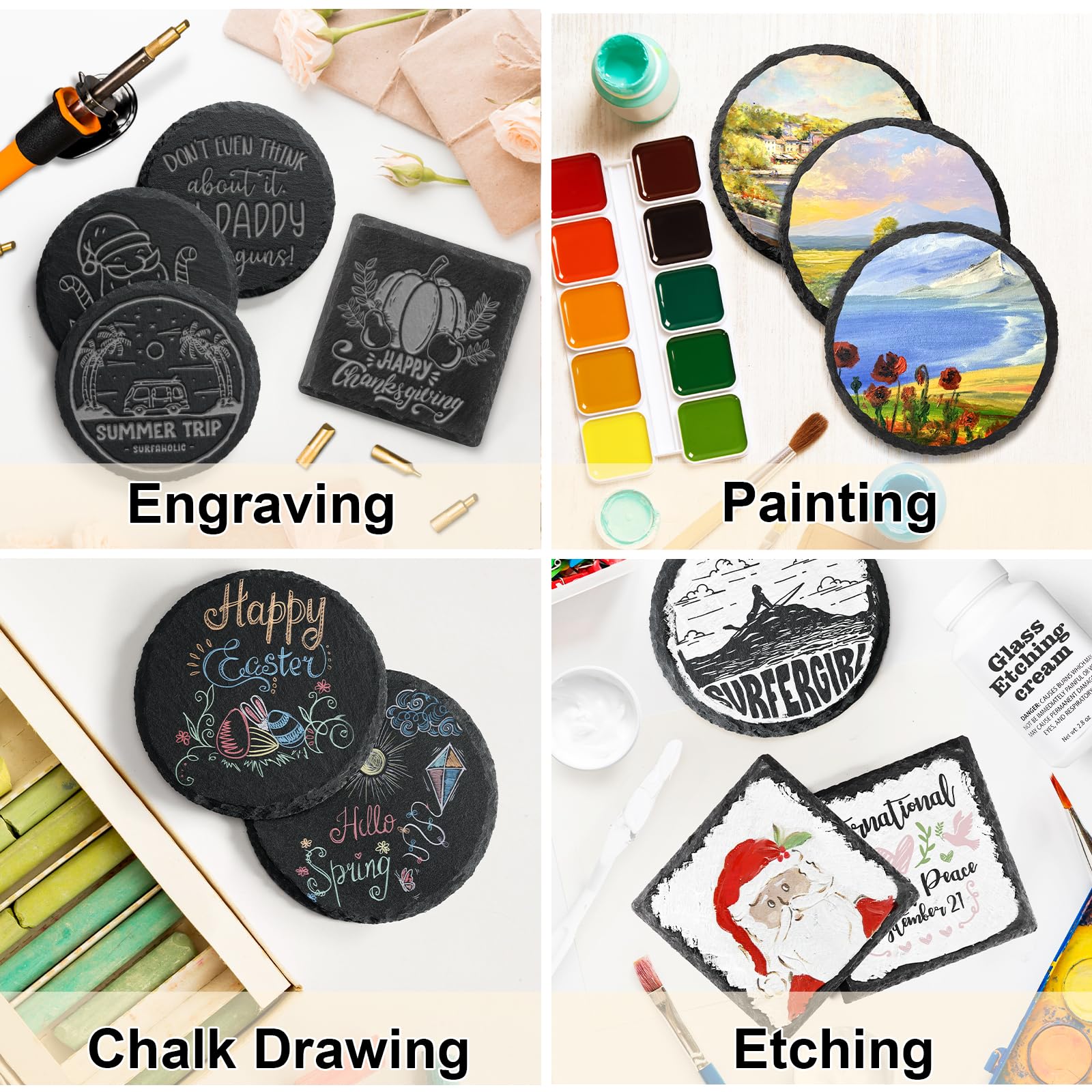 48 Pcs Coasters For Drinks, Maprial 4 Inch Slate Coasters, Laser Engraving Blanks Black Stone Coaster Set Round Natural Handmade