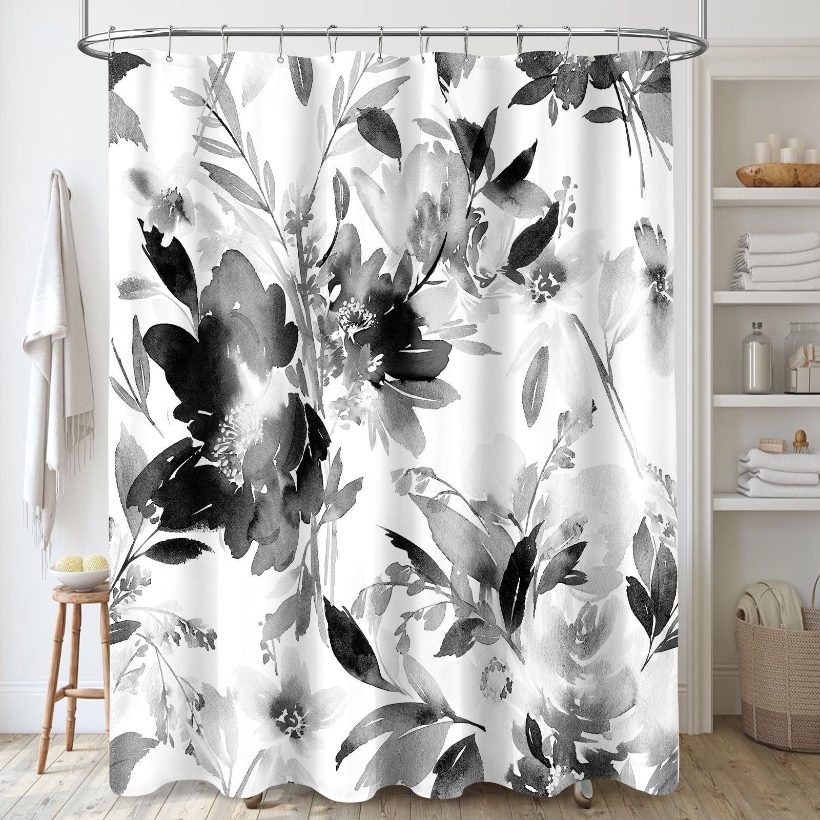 Mayzus Extra Long Shower Curtain 72 X 96 Inch, Floor To Ceiling X-Long Tall Watercolor Floral Fabric Shower Curtain, Black And W