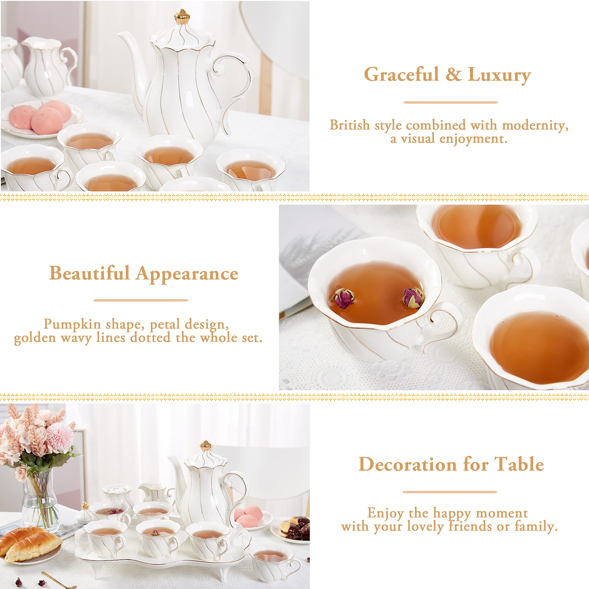 Dujust 14 Pcs Tea Set For 6 With Tea Tray & Spoons, Luxury British Style Tea/Coffee Cup Set With Golden Trim, Beautiful Porcelai
