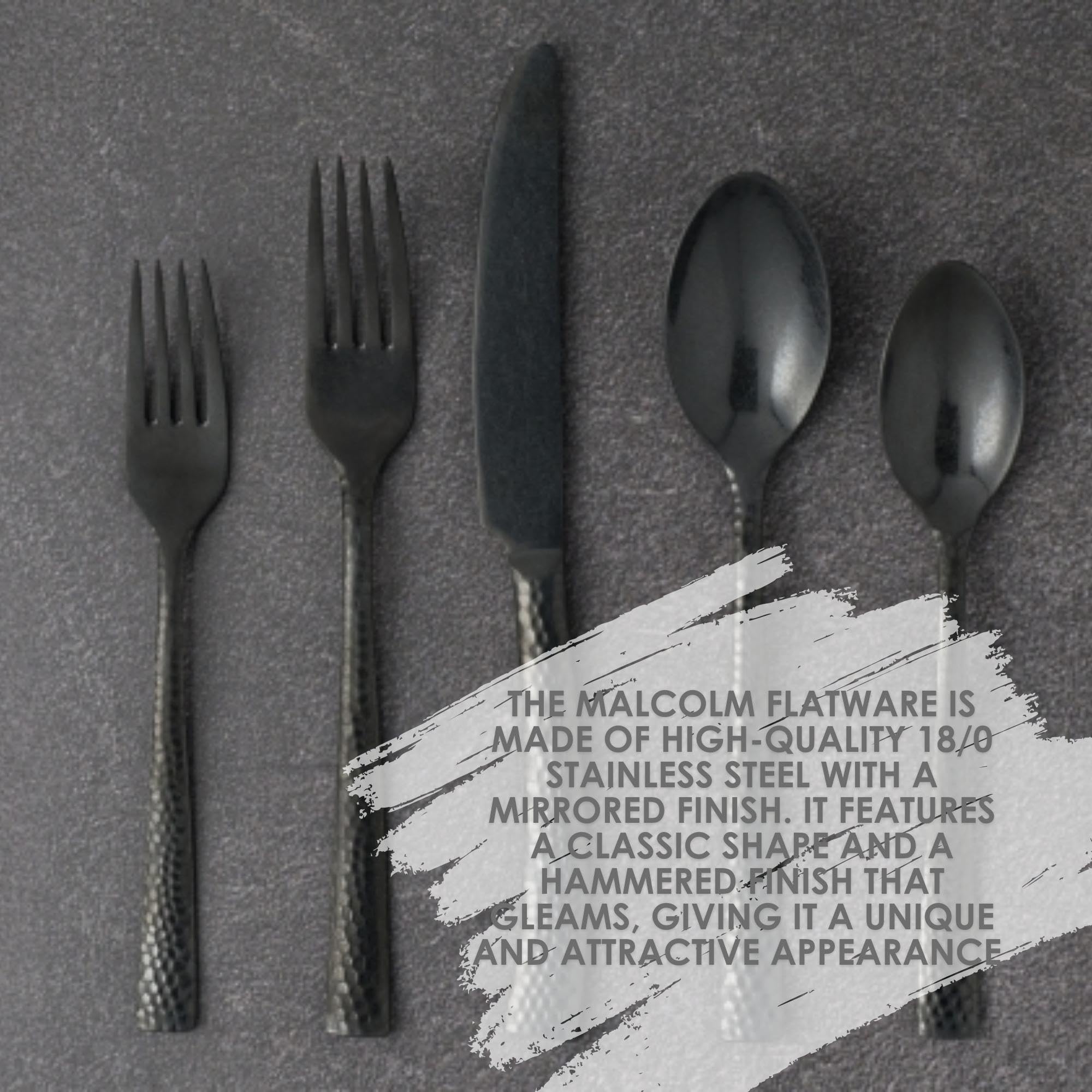 Steelite Round Bouillon Soup Spoons, Varick Malcolm Black Hammered Textured Handle, 18/10 Stainless Steel Utensils, Silverware F