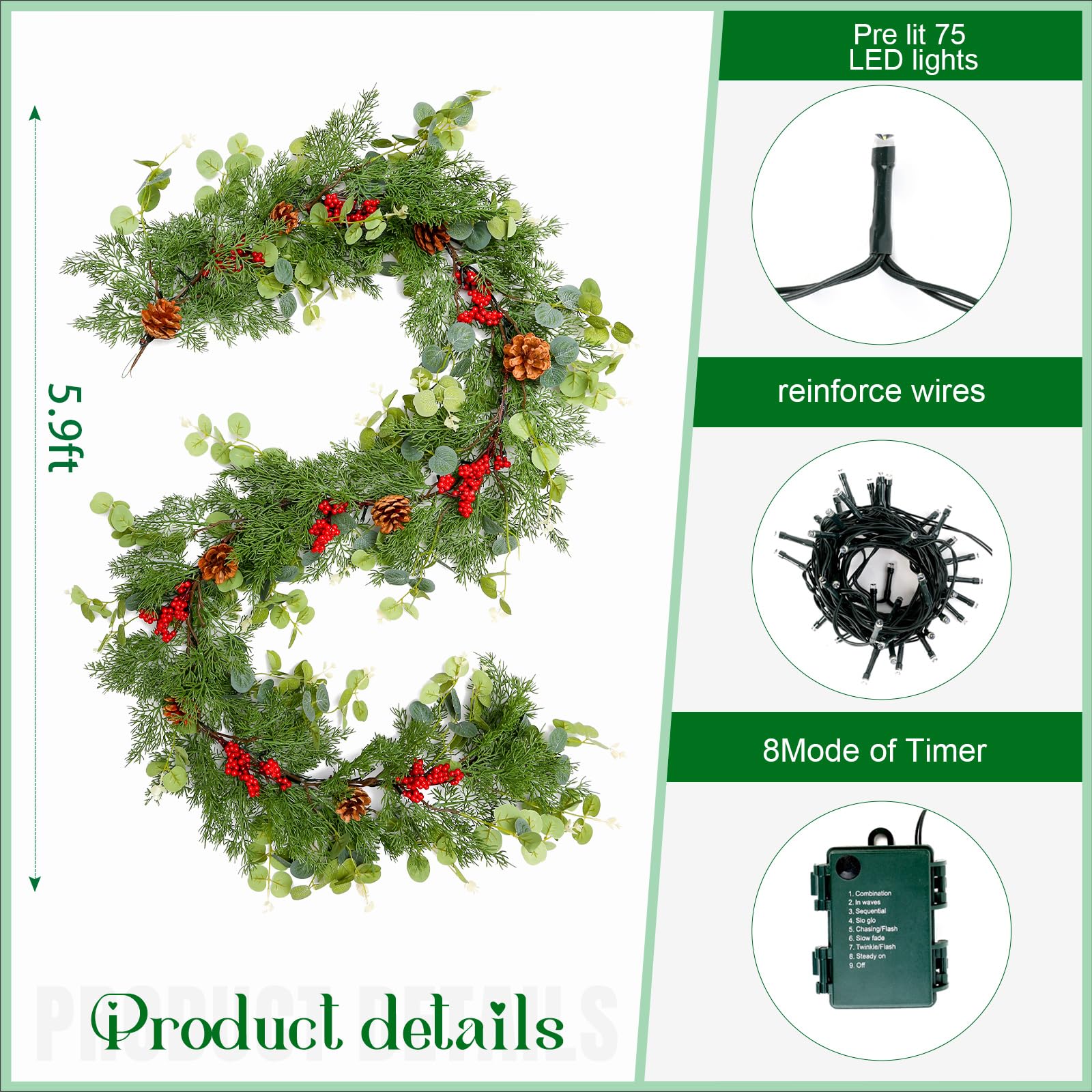 Joyhalo Christmas Garland,6 FT Faux Real Touch Cedar Garland Artificial Realistic Hobby Lobby, Prelit Cedar Garland with Lights