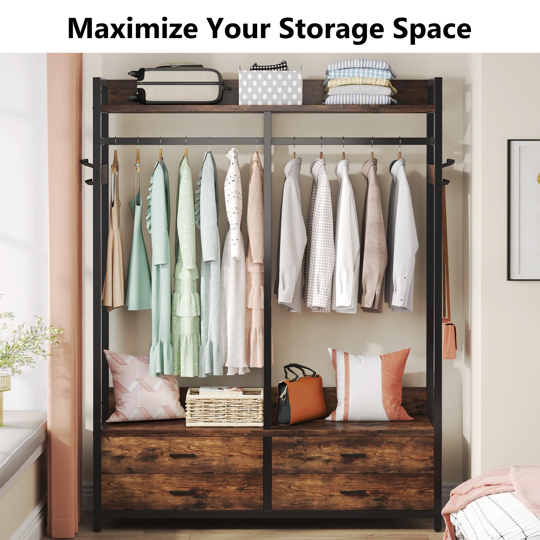 Tribesigns Freestanding Closet Organizer For Hanging Clothes, Heavy Duty Garment Rack With 4 Drawers, 8 Hooks And Storage Shelve