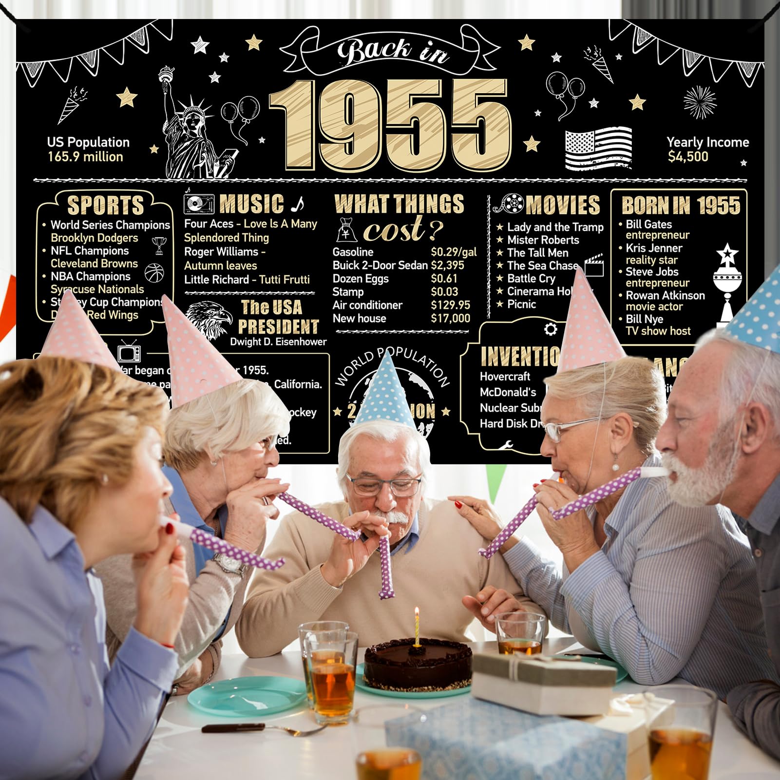 Eiurteao 70th Birthday Banner Decorations Back in 1955 Backdrop for Women Men, Black Gold Happy 70 Birthday Sign Party Supplies,