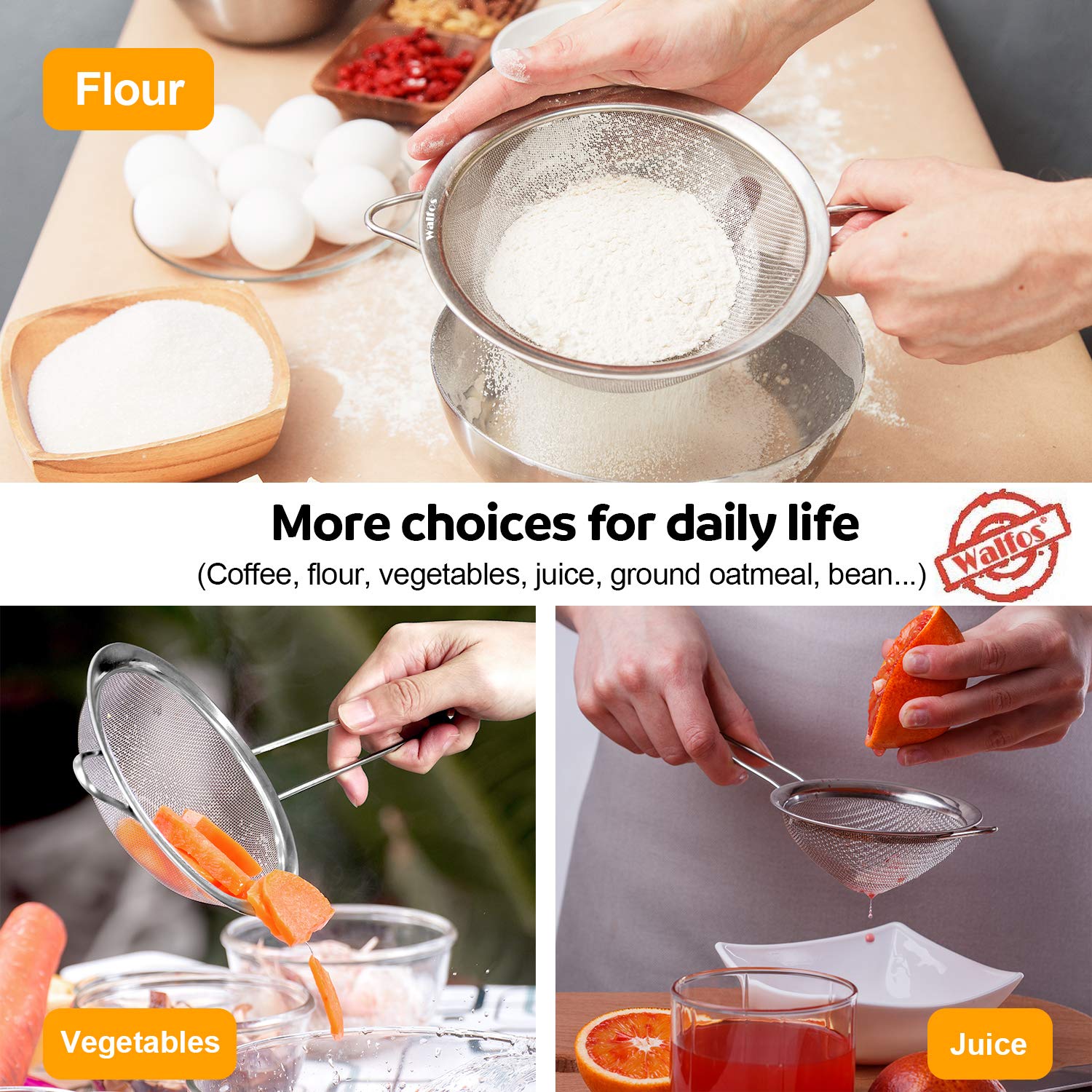 Walfos 6.3 Inch Fine Mesh Strainer, Premium Stainless Steel Sieve And Sifter With Handle, Kitchen Metal Strainers For Rice, Quin