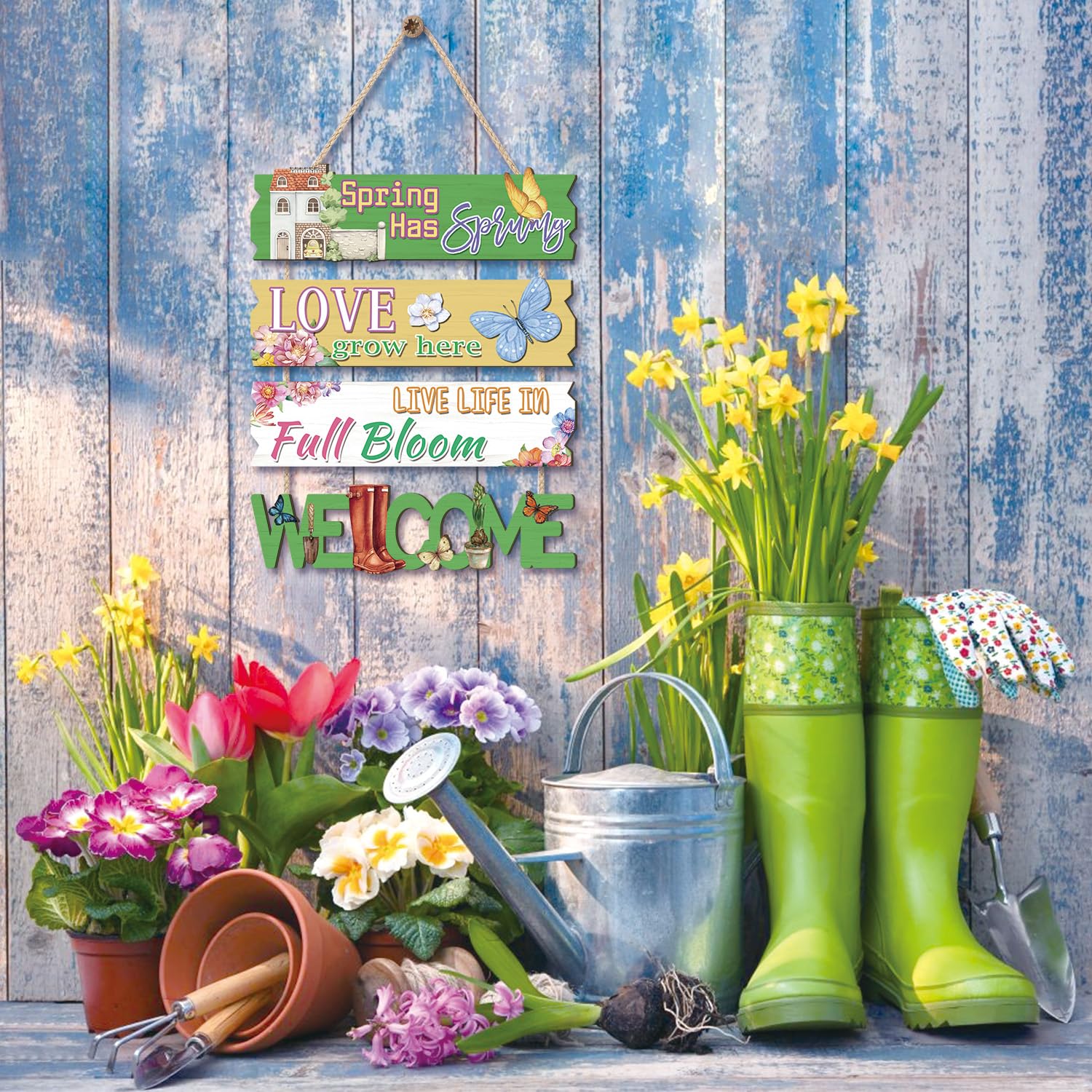 IARTTOP Welcome Spring Door Sign Love Grow Here Wooden Plaque Hello Spring Wall Sign Decor Spring Hanging Signs Welcome Spring P