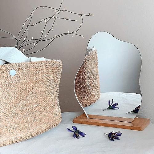 GUOJOZO Acrylic Vanity Makeup Mirror for Desk with Stand-Aesthetic Frameless Table top for Bedroom Living Room and Minimal Spaces Room Decor (Baby Fat)