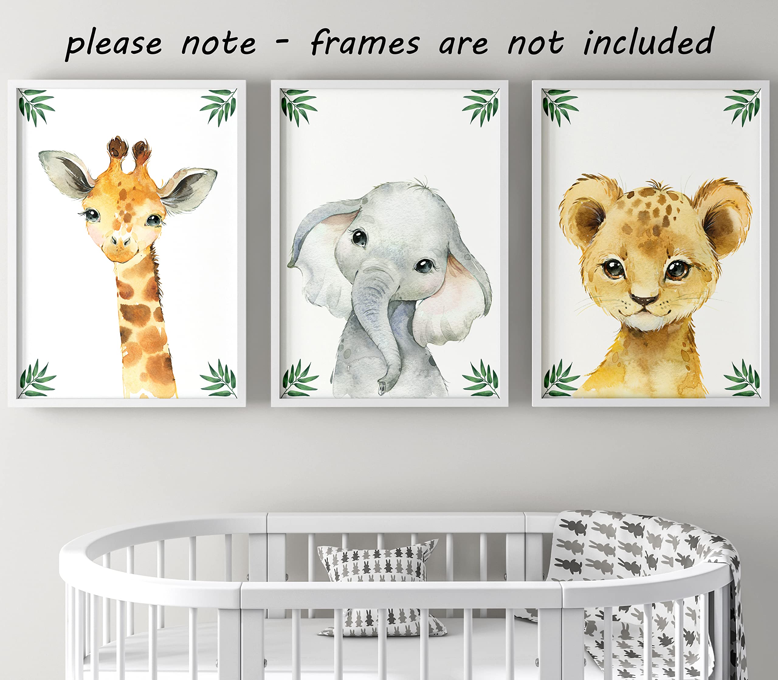 Baby Safari Animals For Girl Or Boy Nursery Bedroom, Set Of 3 Unframed Wall Art Prints, Jungle Leaves Posters, Nursery Decor Gif