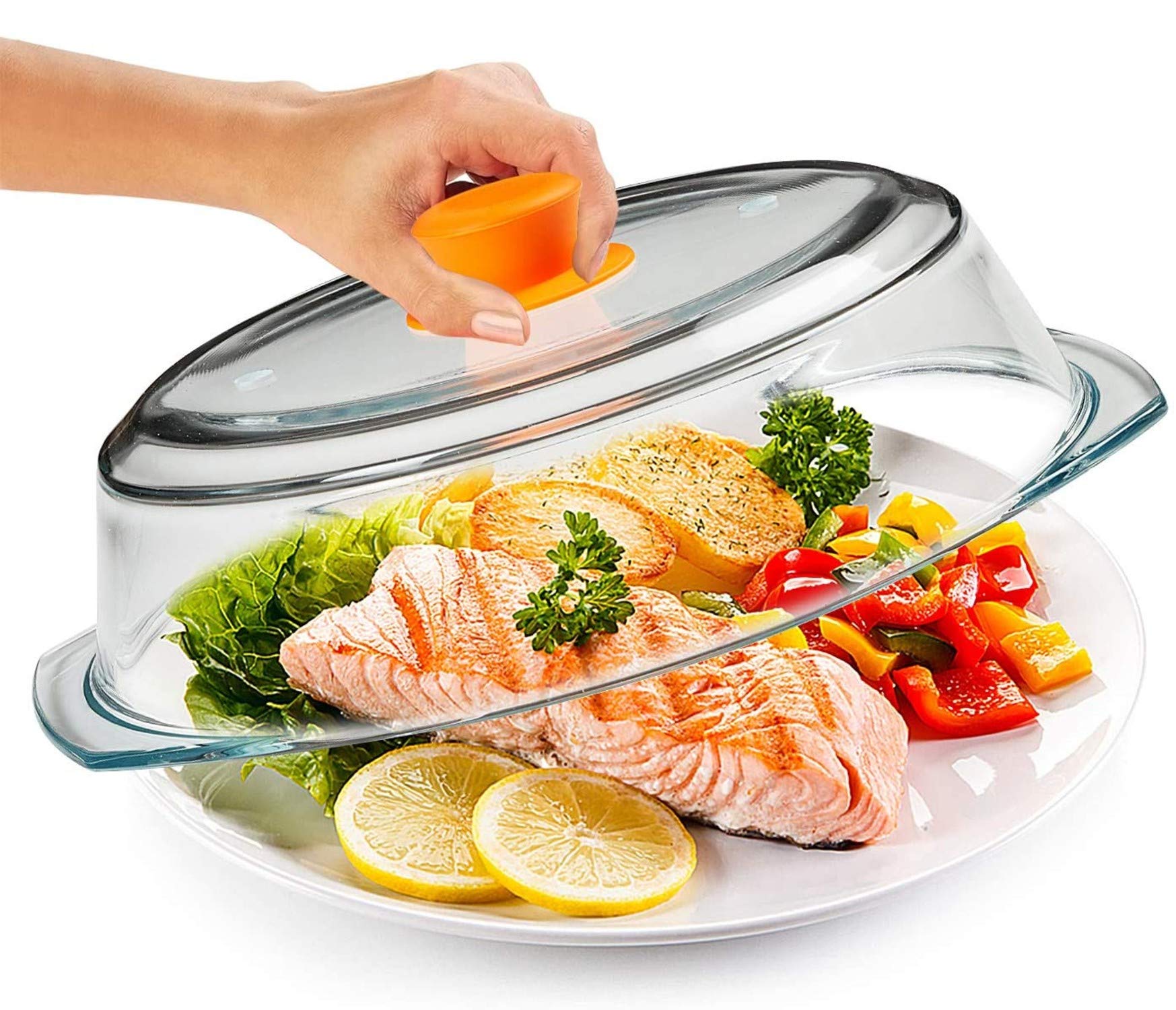 Bezrat Microwave Tall Glass Plate Cover For Food | Splatter Guard Lid with Easy Grip Silicone Handle Knob & Steam Vents | 100% F