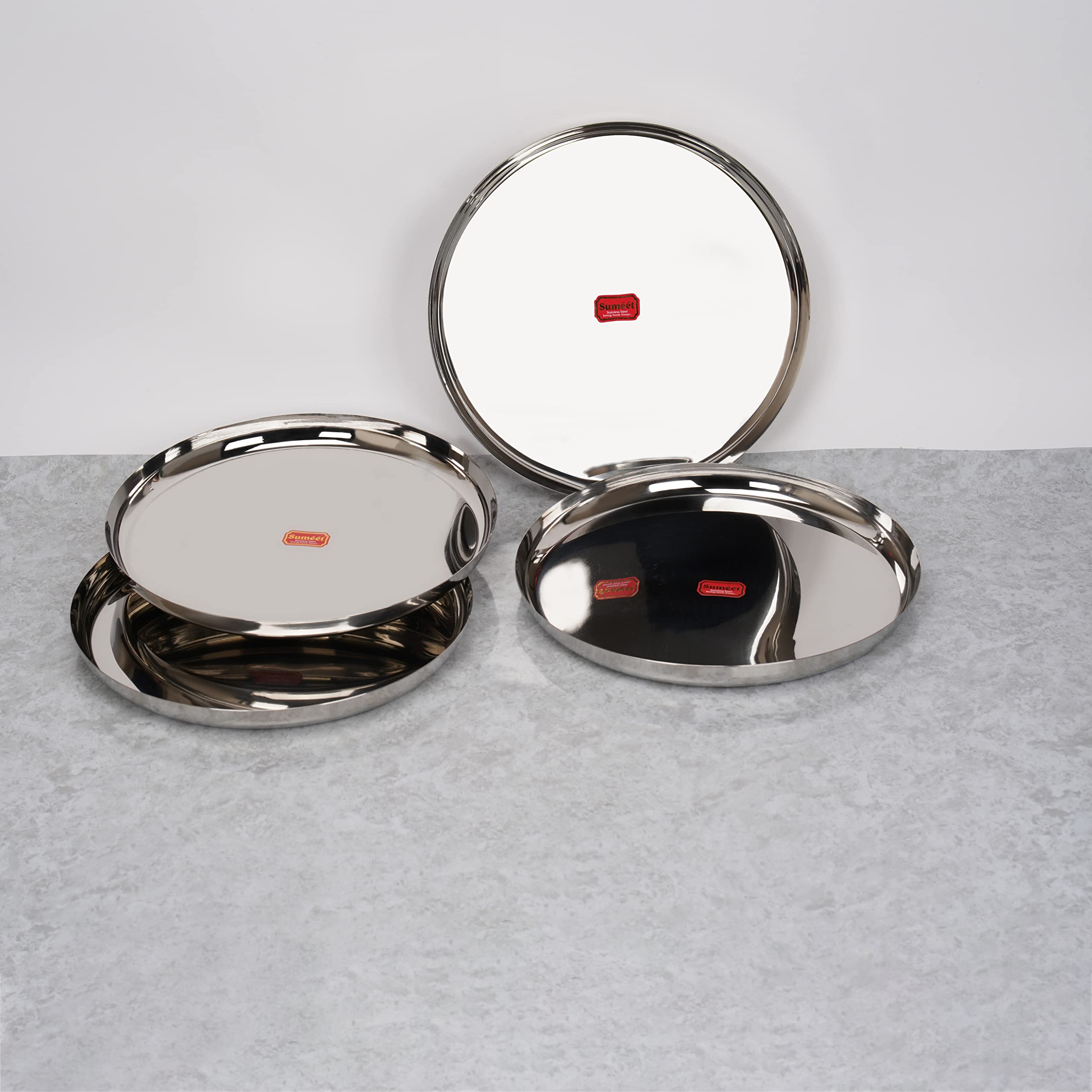 Sumeet Stainless-Steel Apple Shape Heavy Gauge Dinner Plates with Mirror Finish-34.6cm Dia, Set of 6pc, Silver