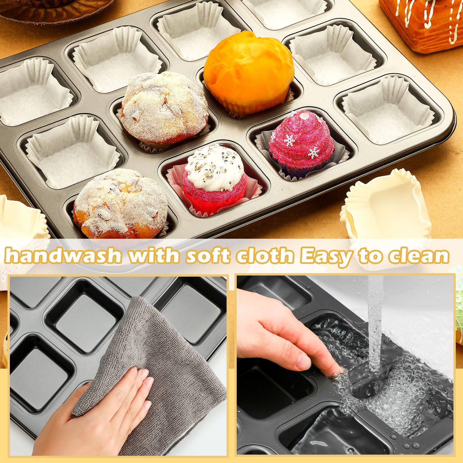 Lallisa Baking Pans With Cupcake Liners Sets 2 Pcs All Edges Brownie Pans And 500 Pcs White Cupcake Liners 12 Mini Cavity Non-St