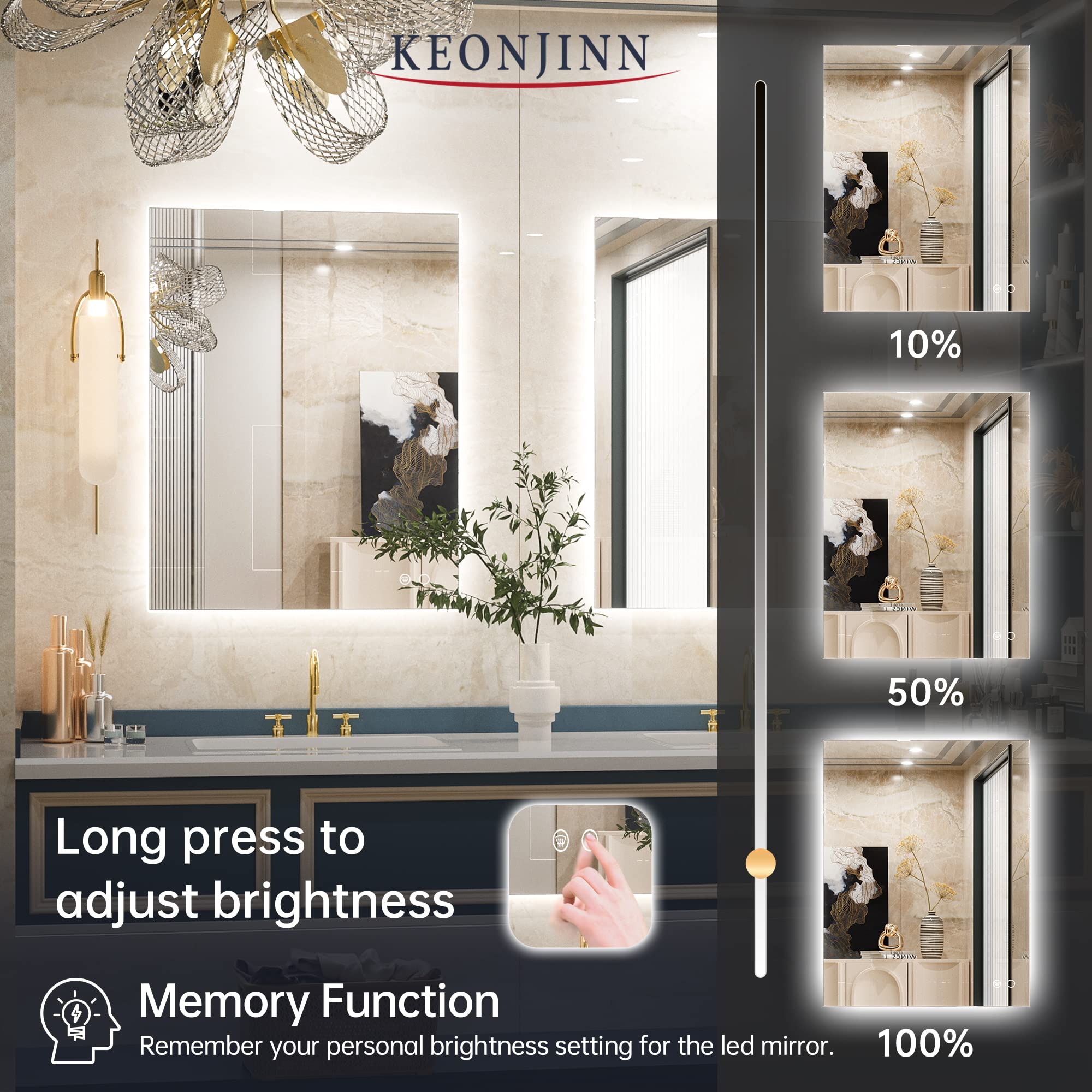 Keonjinn Backlit LED Bathroom Mirror, 36x28 Inch, Anti-Fog, Dimmable, IP54 Waterproof, Model K1MIGB004, Glass Finish