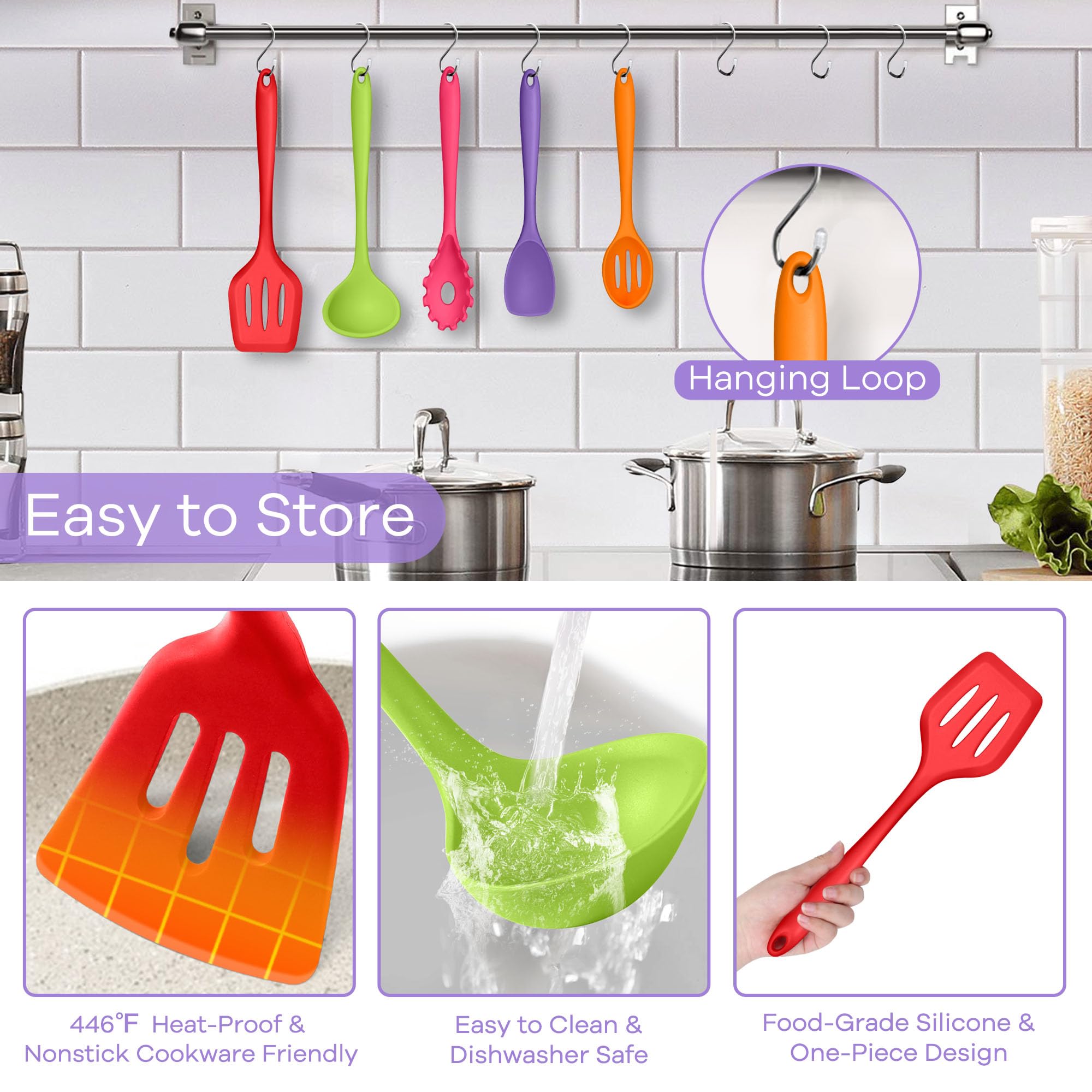 Teamfar Silicone Kitchen Utensils, 7-Piece Kitchen Cooking Utensil Set With Turner Spoon Spatula Ladle, Perfect For Baking Cooki