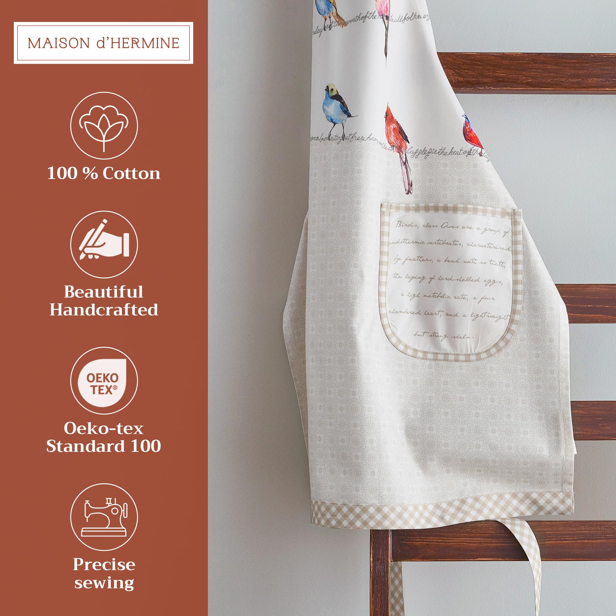 Maison d ' Hermine Birdies on Wire 1 Piece 100% Cotton Apron with an Adjustable Neck & Two Side Pockets with Long Ties for Women/Men Chef (27.50 ''x31.50 '')