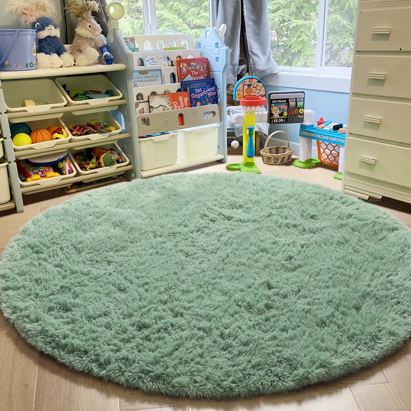 Amdrebio Sage Green Round Rug 6Ft for Living Room Bedroom, Fluffy Furry Circle Rugs for Nursery, Classroom, Baby Kids Room Decor
