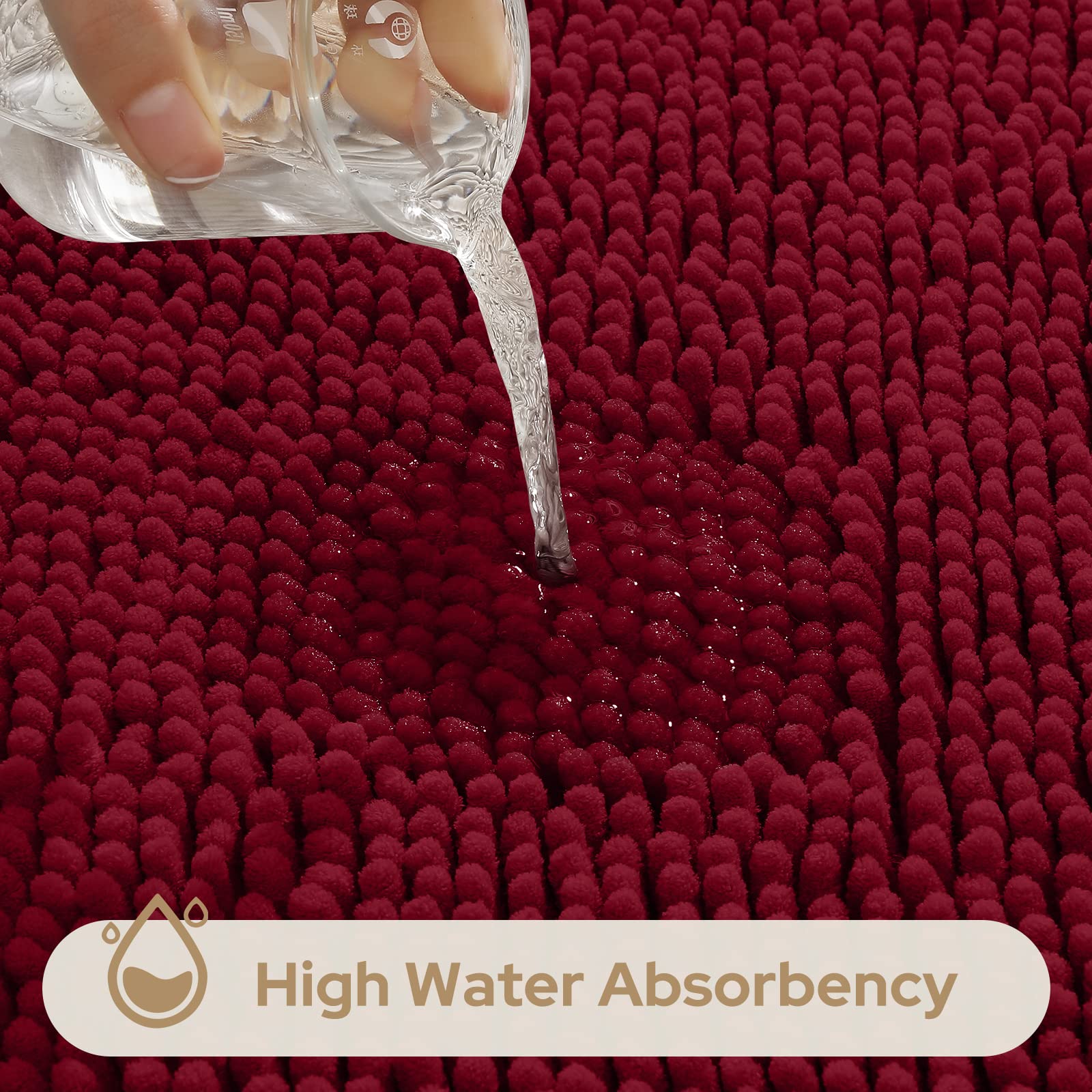 HOMEIDEAS 3 Pieces Bathroom Rugs  Ultra Soft Non Slip Absorbent Chenille Toilet Bath Mat Set (Burgundy)