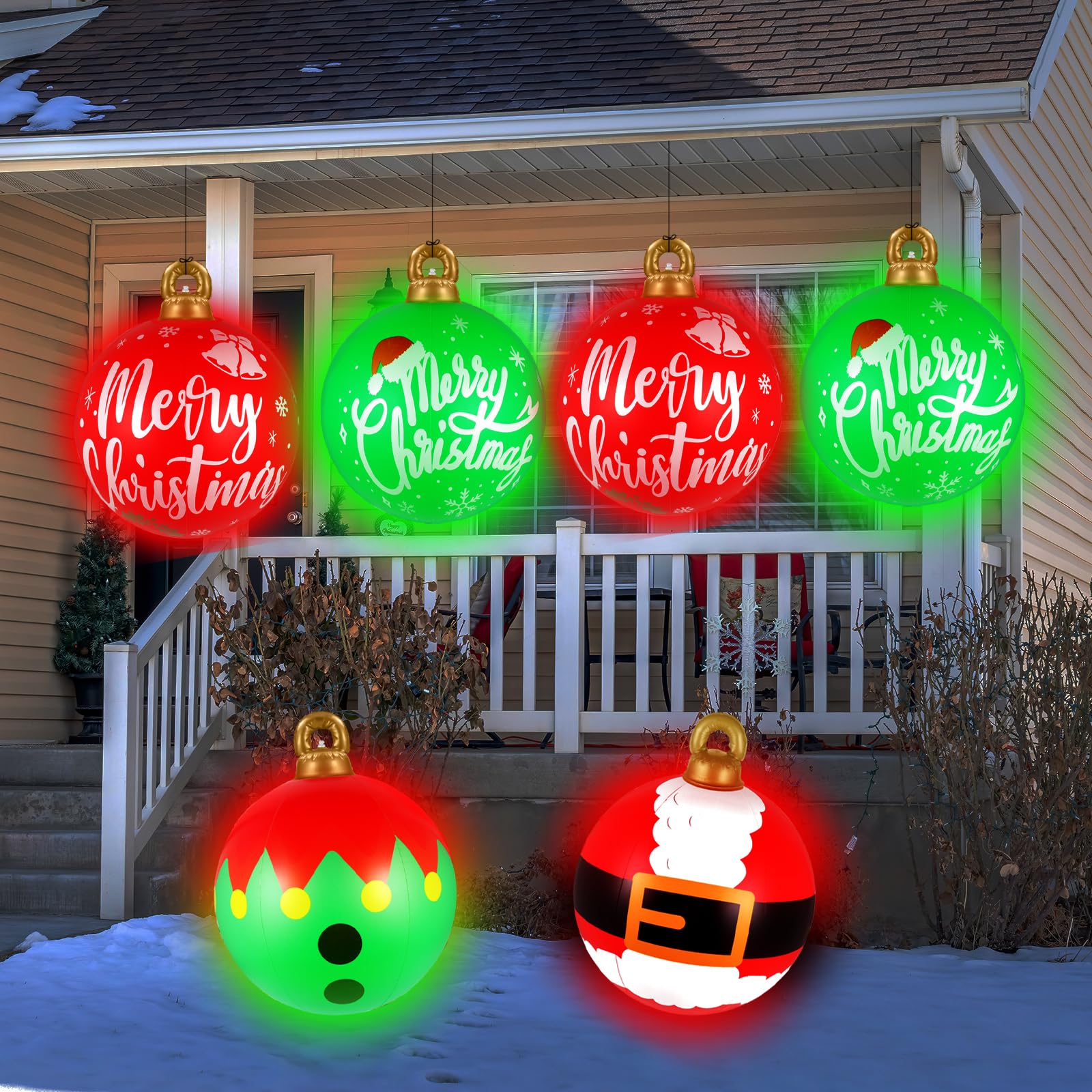 [Light up] Inflatable Ornaments Balls Outdoor 4Pcs: Flashes in Red | Green | Blue and Timer, 24 Inch Giant Christmas Inflatable