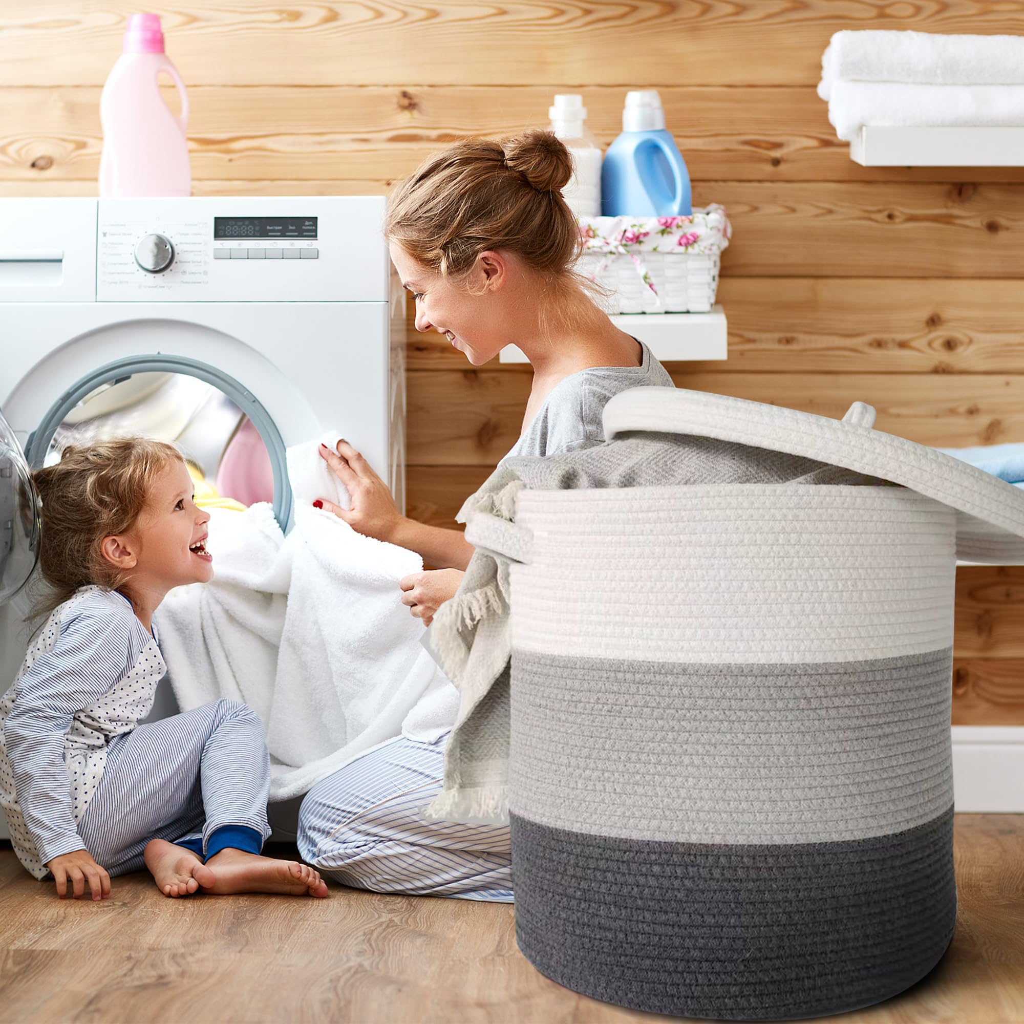 Large Storage Basket With Lid 60L, 16''Wx18''H Woven Laundry Basket With Lid Cotton Laundry Basket, Wicker Basket Blankets Pillo