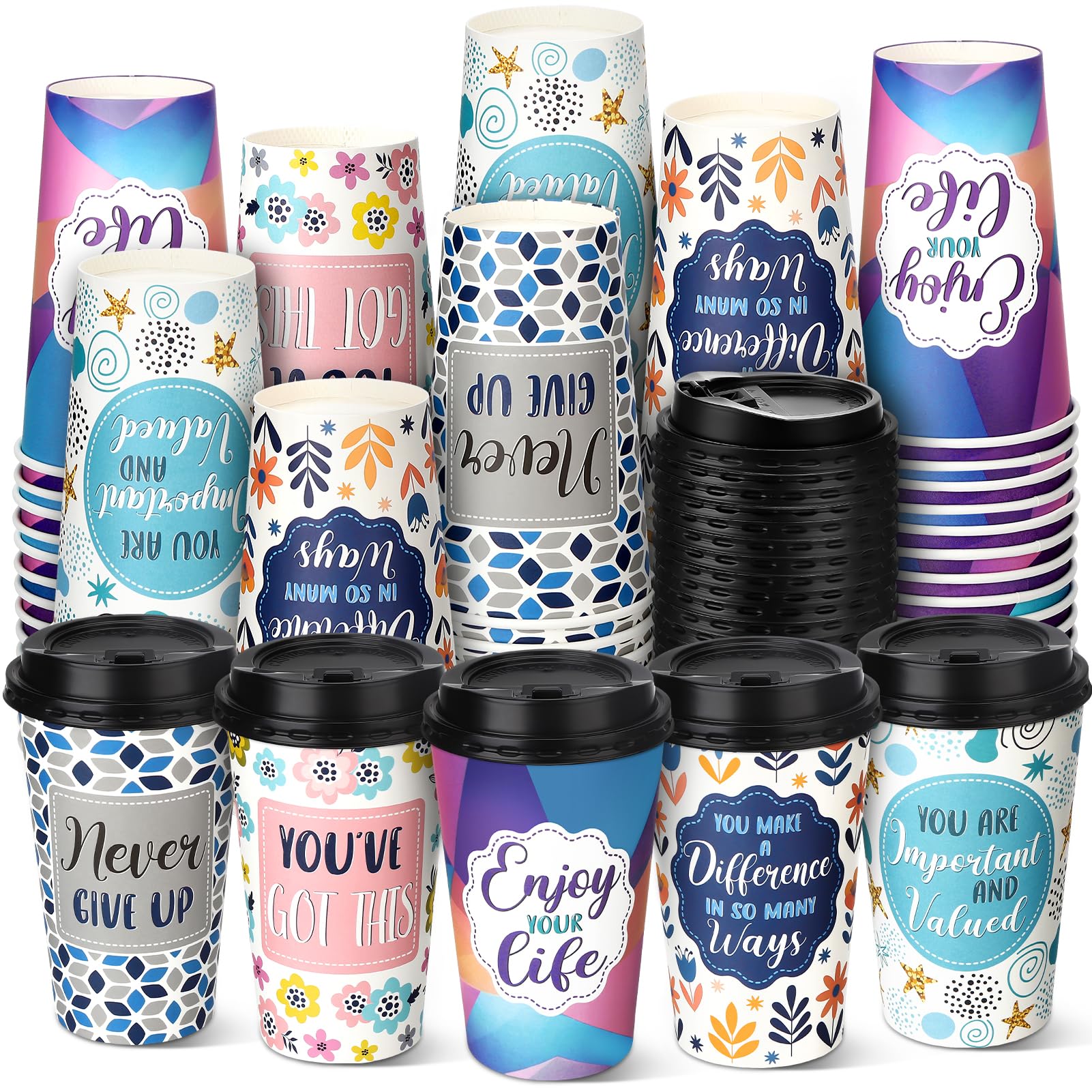 Ovveroche 100 Pack 16 oz Paper Coffee Cups with Lids 5 Quotes