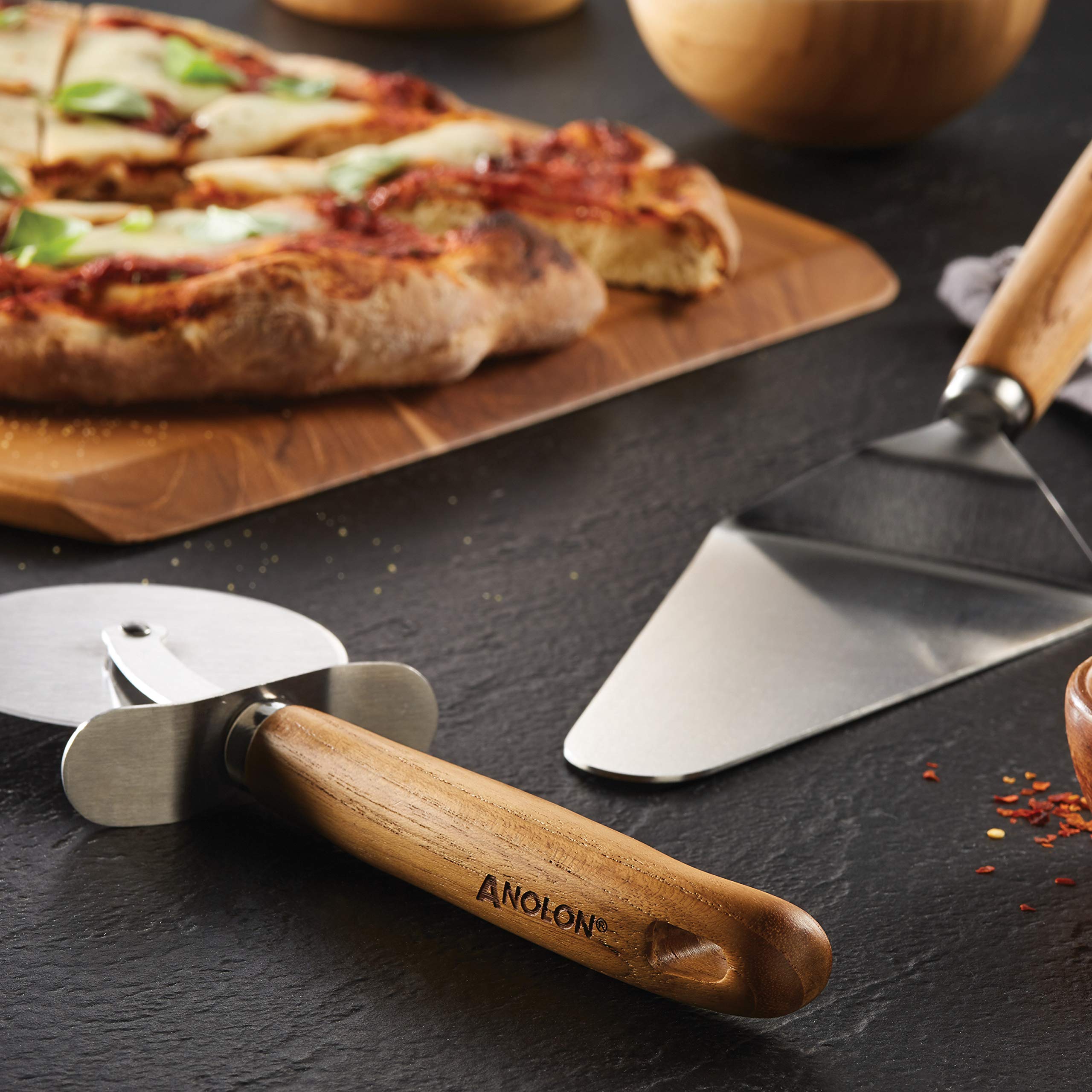 Anolon Pizza Cutter and Server Set, 2 Piece, Stainless Steel with Teak Wood Handle, Model 47458
