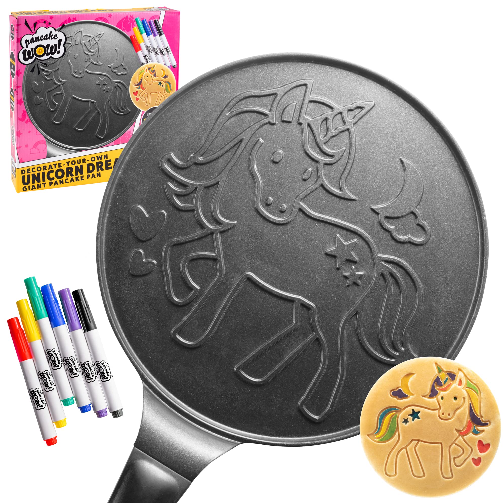 Cucinapro Large 10'' Unicorn Pancake Pan - Nonstick Skillet With Set Of 6 Edible Food Markers For Decorating Pancakes, Aluminum,
