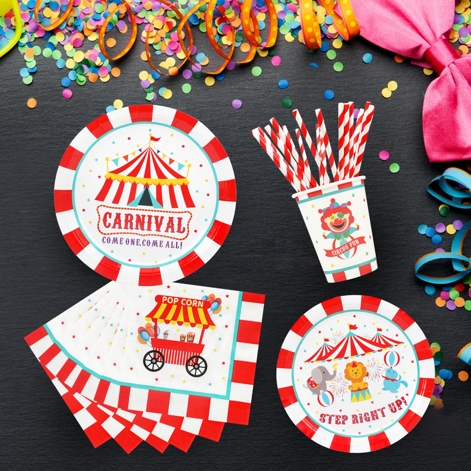 Carnival Party Supplies Decorations, Circus Theme Birthday Paper Plates And Napkins Set With Cups And Straws For 24 Guests, 120