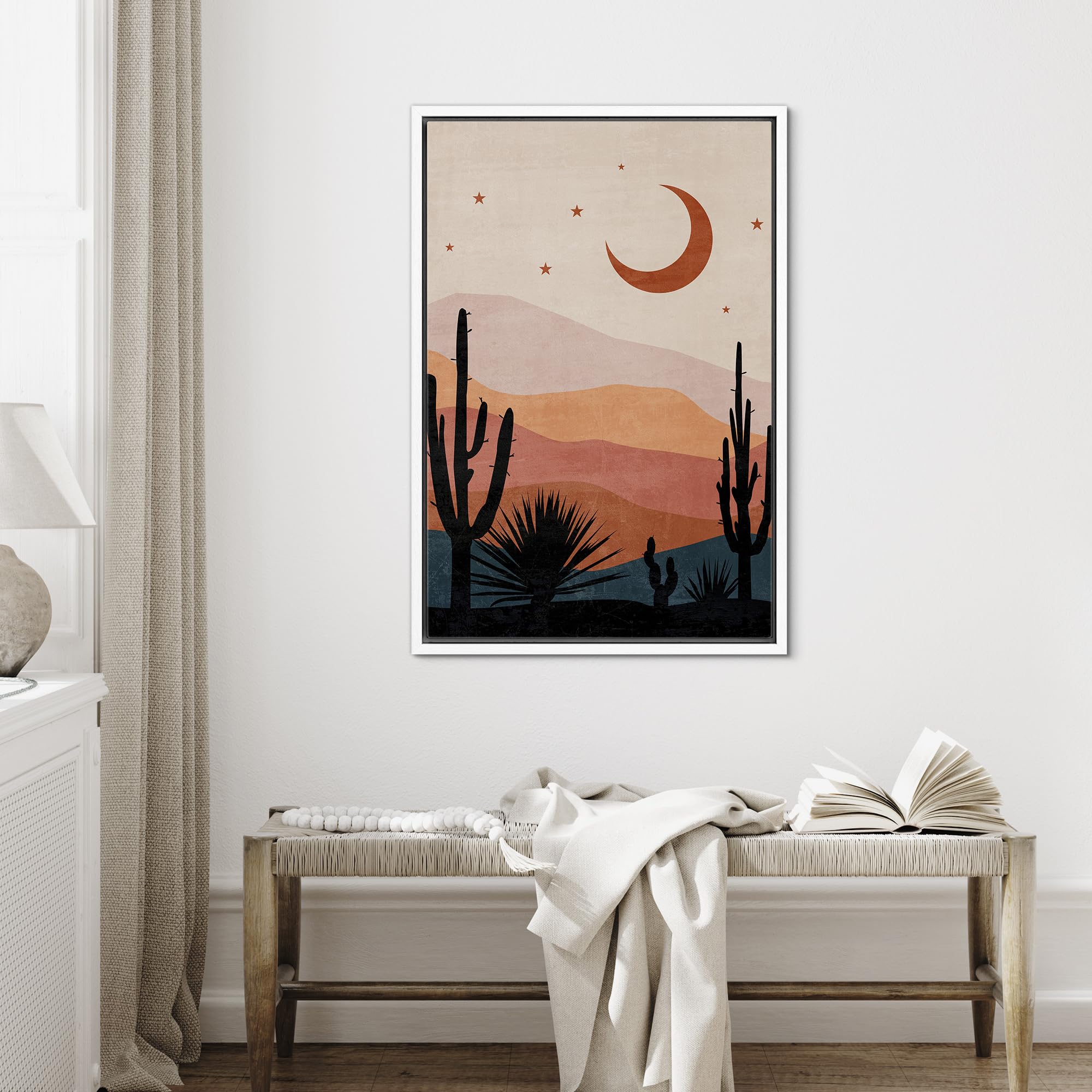 Signford Framed Canvas Print Wall Art Desert Night Sky With Crescent Moon And Stars Nature Wilderness Illustrations Modern Art D