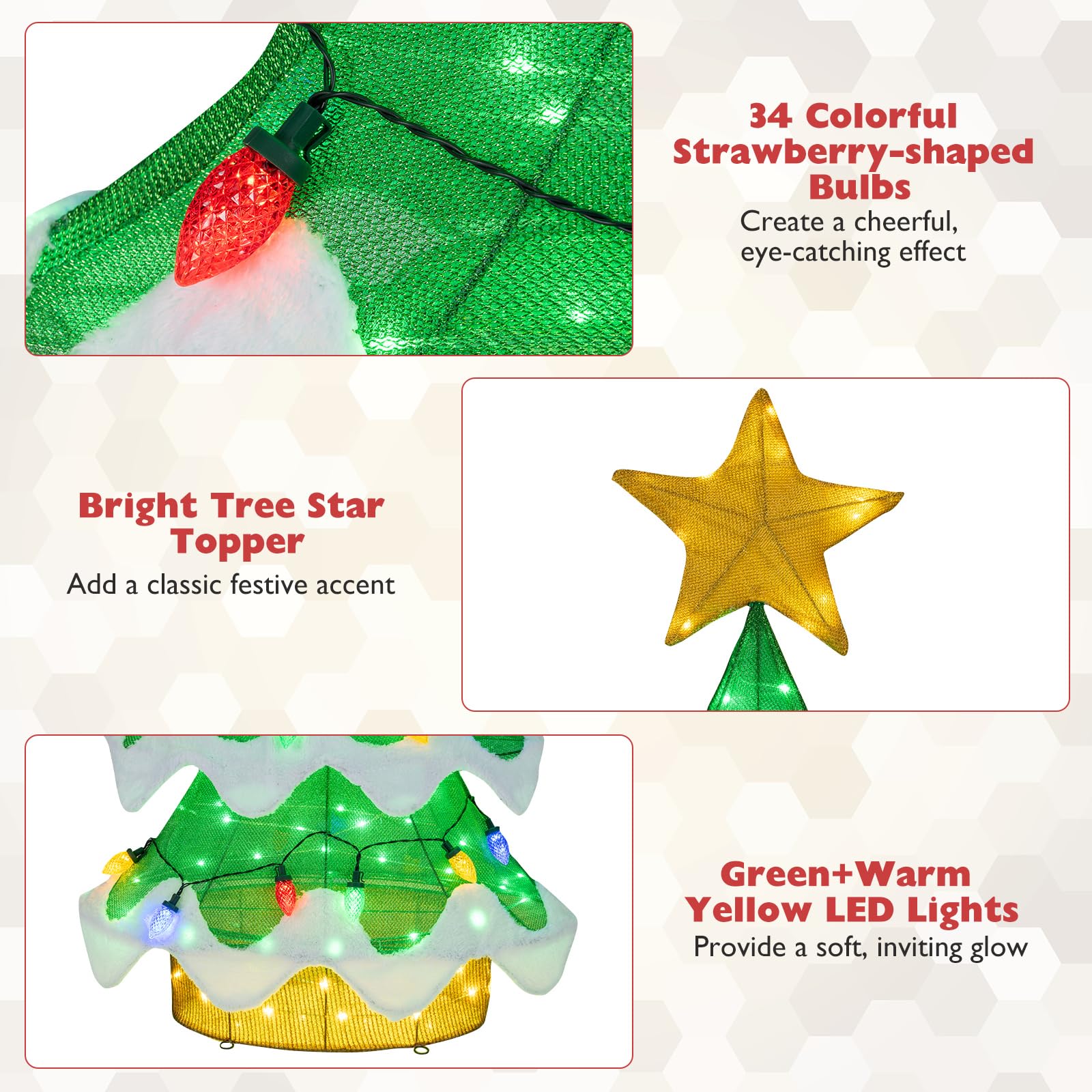 Tangkula 5.2 FT Christmas Lighted Tree, Indoor Outdoor 3D Pre-Lit Xmas Tree with 34 Colorful Strawberry Bulbs, Green & Warn Yell