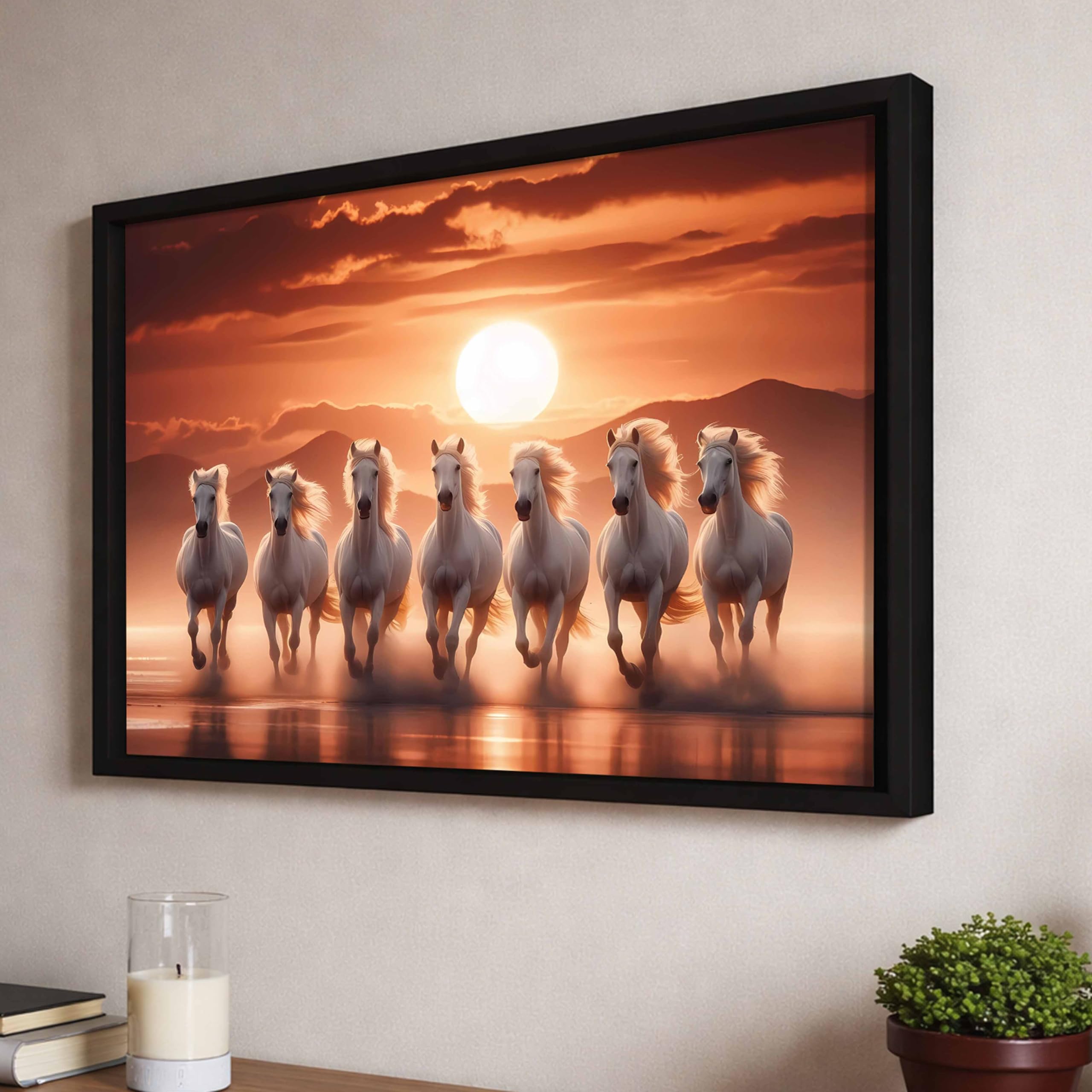7 White Running Horses Vastu With Sunrise Framed Wall Art Painting For Living Room | Seven Horse Wall Painting With Frame Symbol