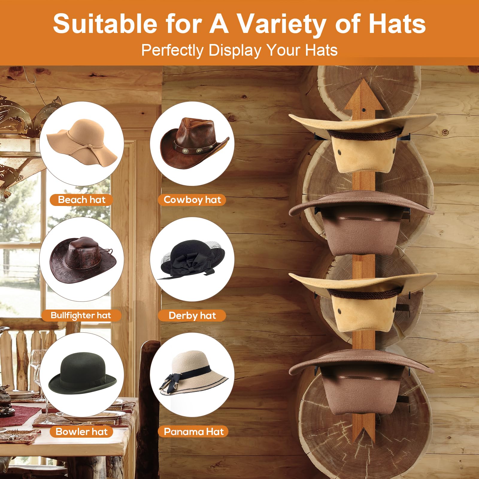 Fluffytree Cowboy Hat Rack, 4 Pieces Wooden Western Rustic Metal Cowboy Hat Hanger With Arrow Sign Board, Gift Cowboy Hat Holder