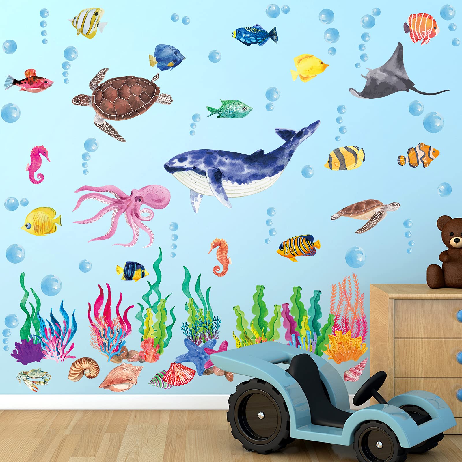 114 Piece Ocean Fish Wall Decals, Under the Sea Wall Decals - Under the Sea Fish & Jellyfish Removable Decor - Peel & Stick - fo