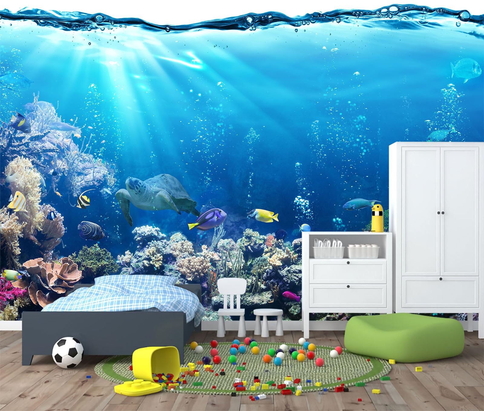 TUNDJ - Blue Ocean Wallpaper Peel and Stick Underwater Animal World Self Adhesive Wall Mural for Kids Room Nursery 157x108