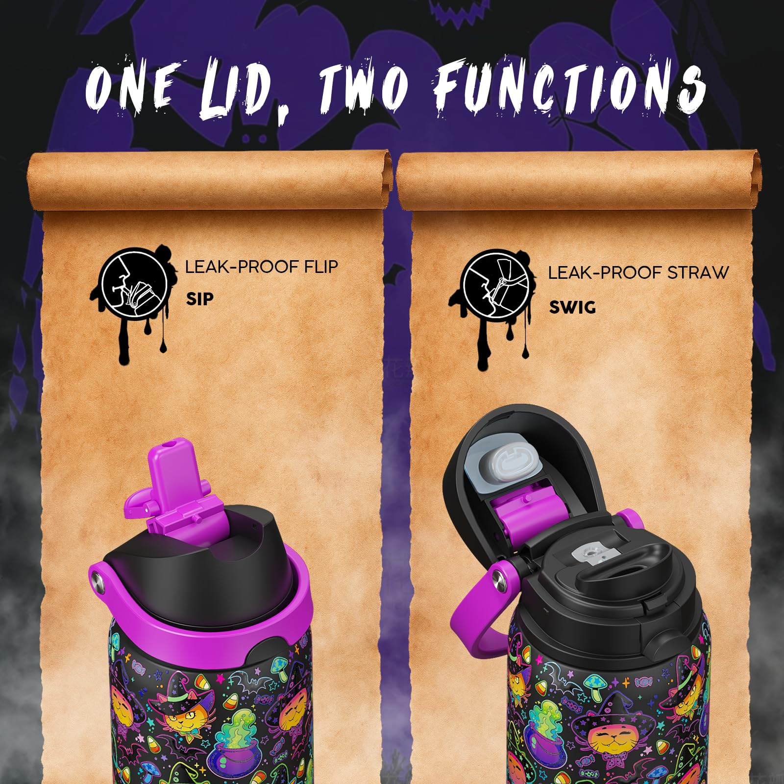 ENCOOL Halloween Insulated Water Bottle with Straw - Stainless Steel Water Bottle with Push Button Lid, Leak-Proof BPA-Free, Kee