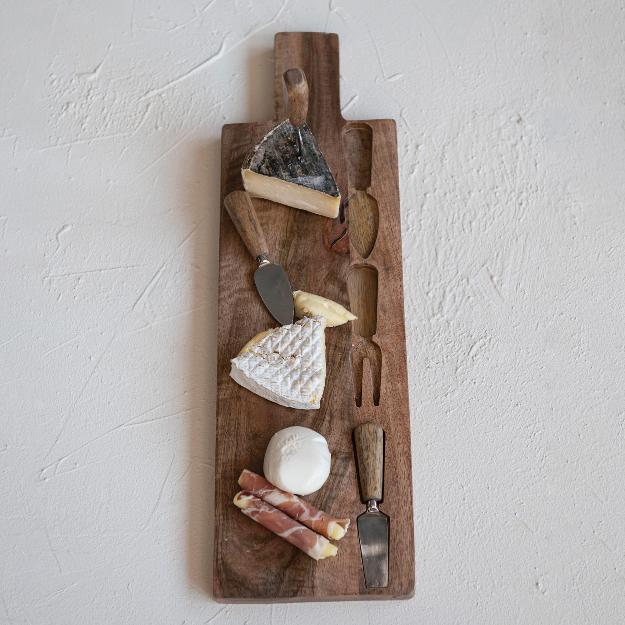 Creative Co-Op Mango Wood Serving Board With Cheese Utensils, Natural