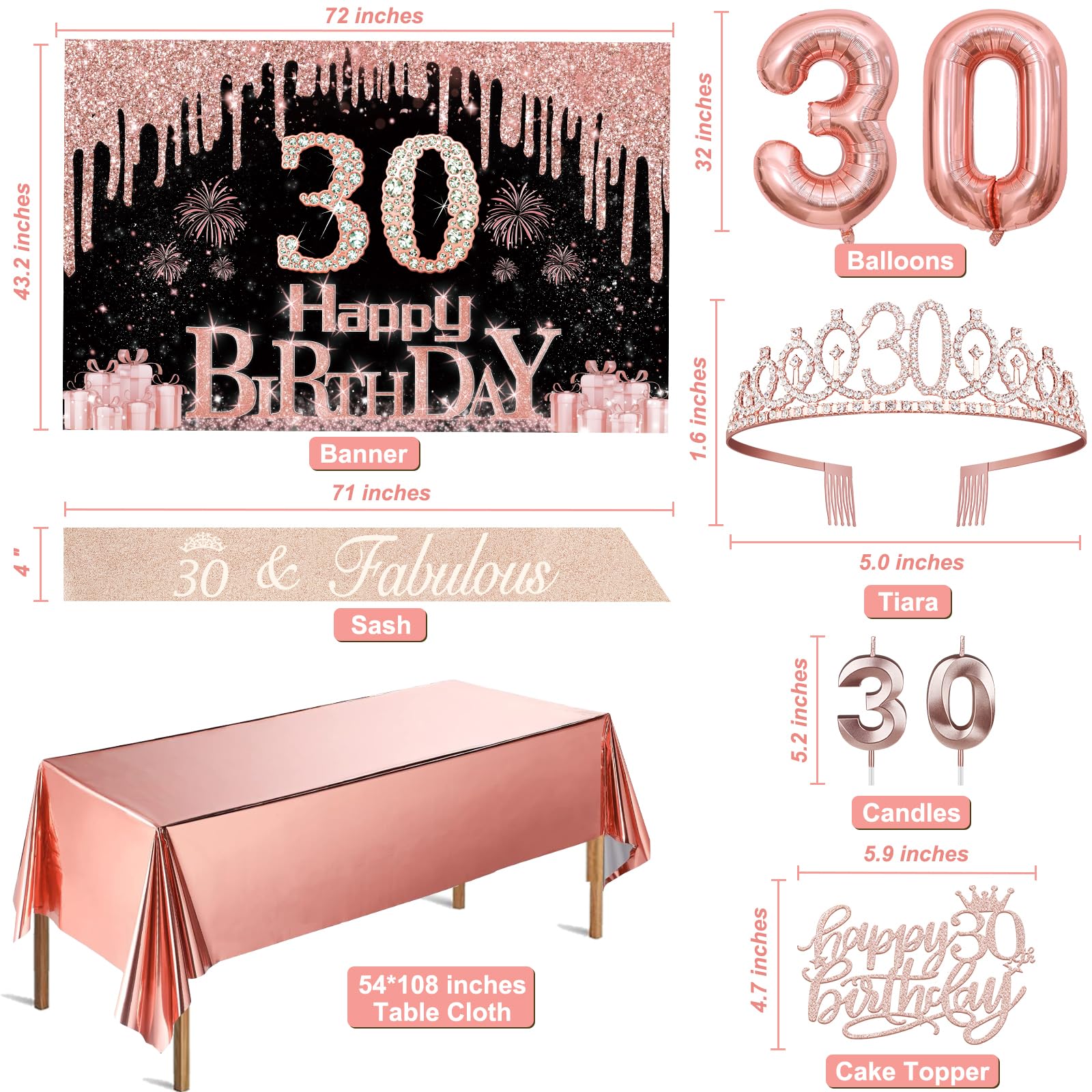 30Th Birthday Decorations For Her With Banner, Rose Gold Tablecloth, Number Balloons, 30Th Birthday Sash And Tiara, Cake Topper