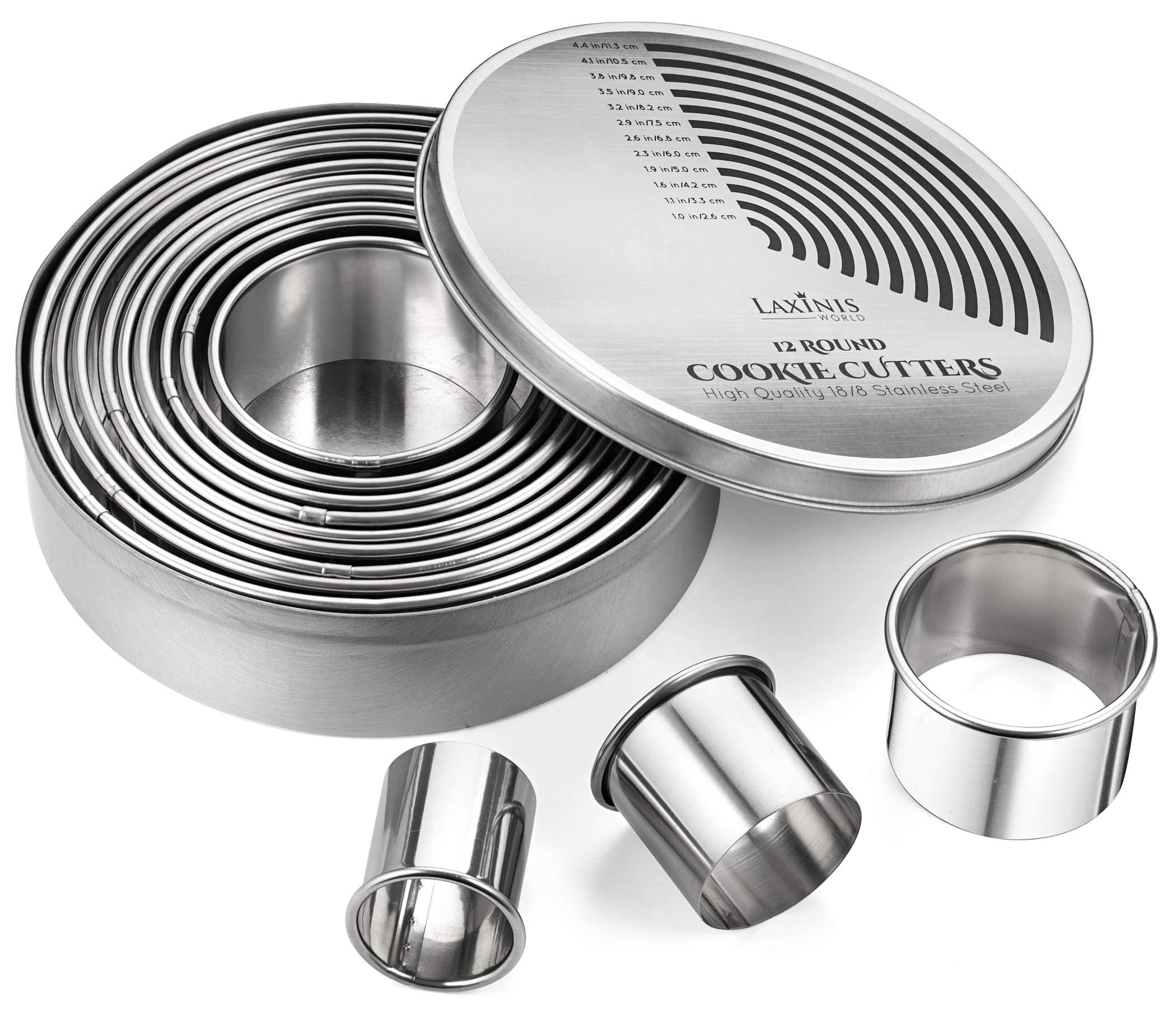 Round Cookie Biscuit Cutter Set, 12 Graduated Circle Pastry Cutters, Heavy Duty Commercial Grade 18/8 304 Stainless Steel Cookie