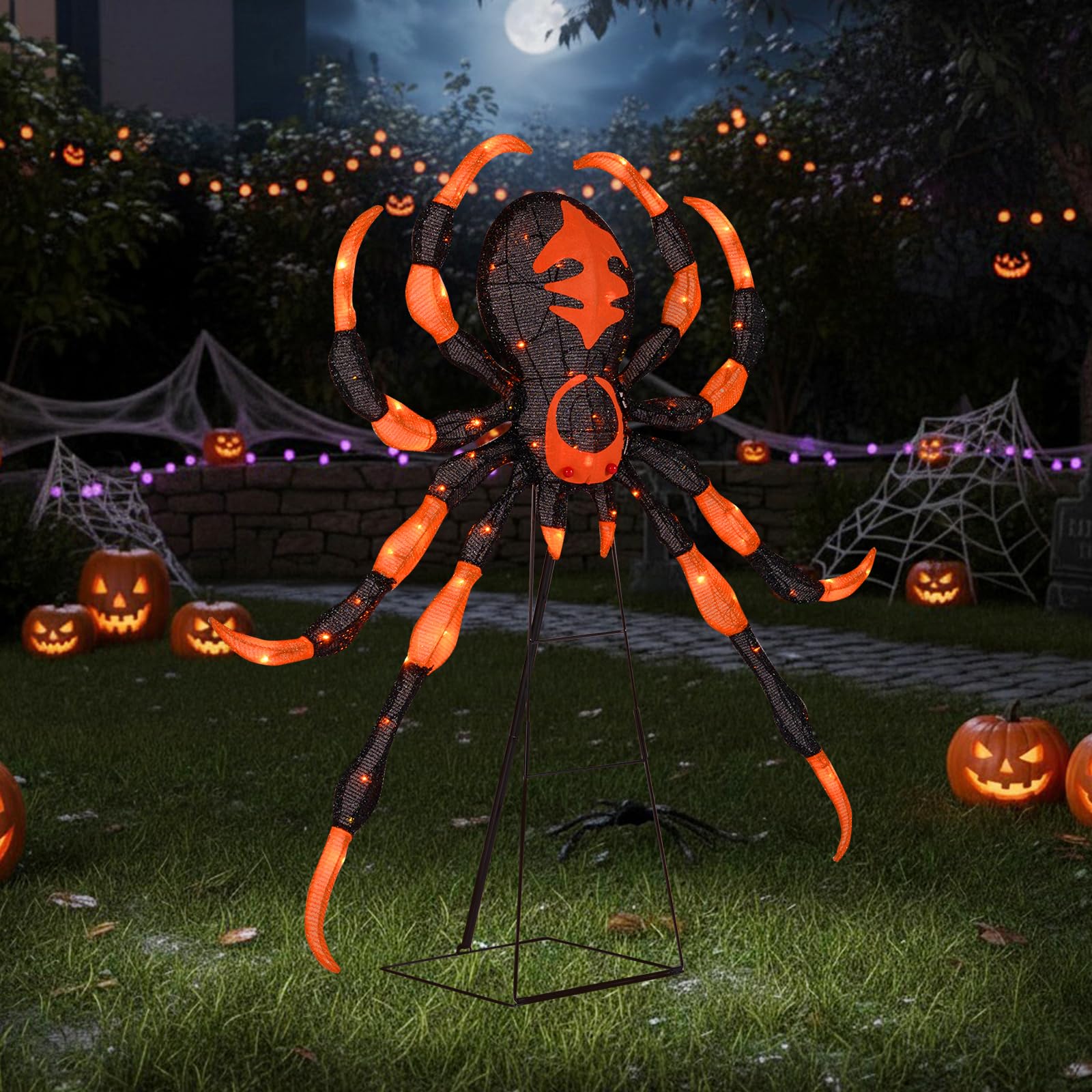 Tangkula 52    Halloween Spider Decoration, Lighted Spider on Stand with 16 Flickering Warm White LEDs, 64 Orange LEDs, Holiday