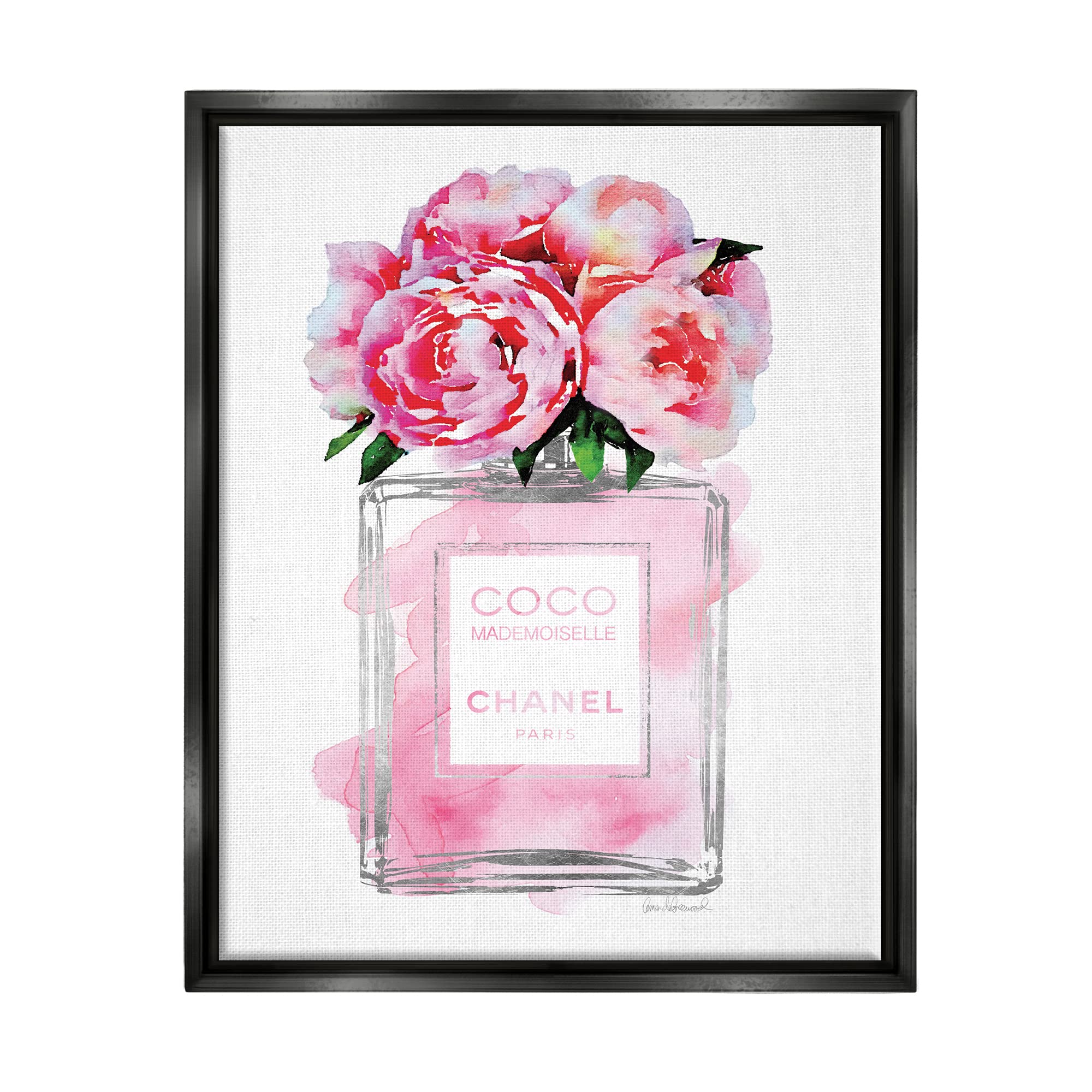 Stupell Industries Glam Perfume Bottle V2 Flower Silver Pink Peony, Design By Amanda Greenwood,Black Floater Framed,24 X 30