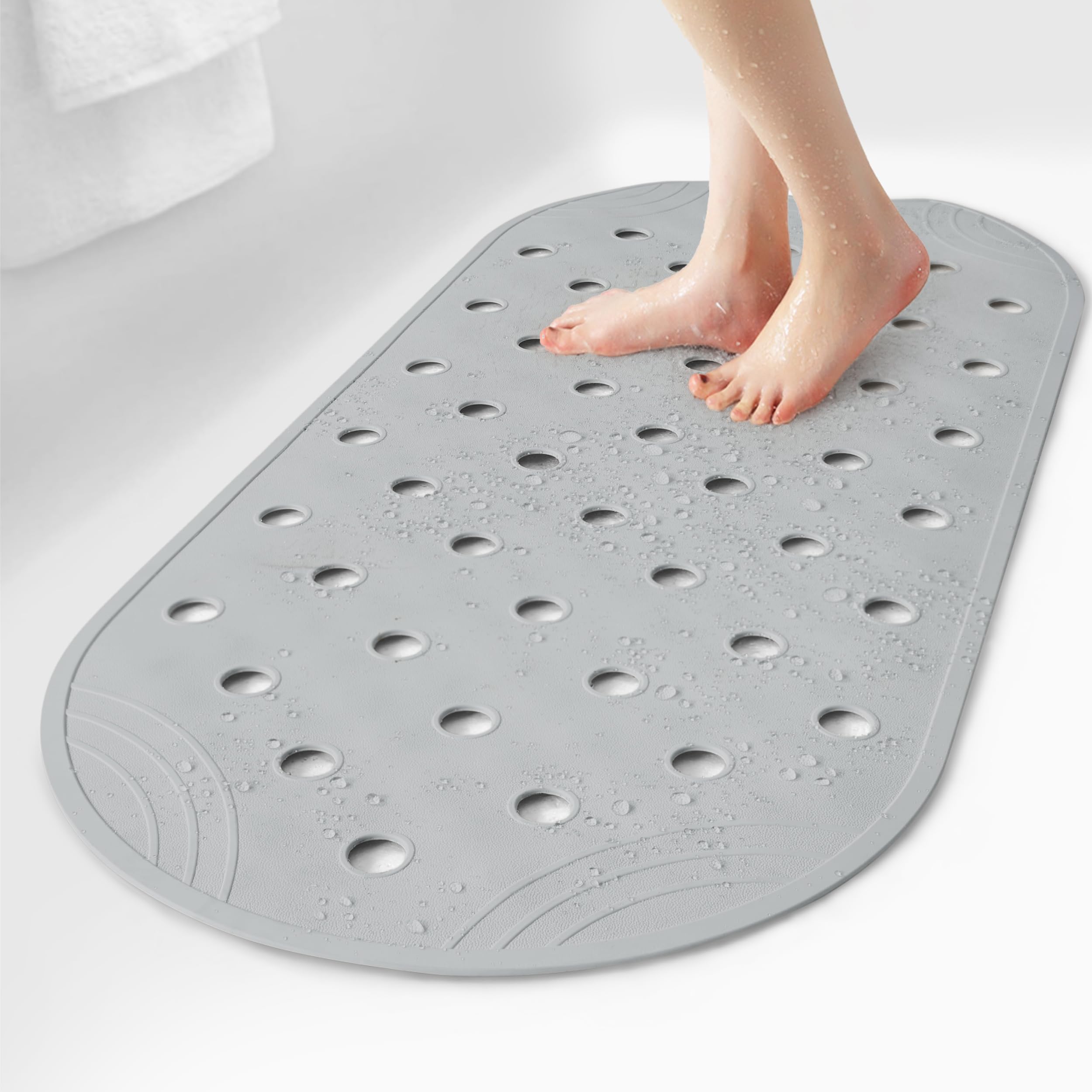 Selfsuite Rubber Bathtub Mat Shower Mat Non-Slip, 31X14 Inch, Bath Tub Floor Mat With Suction Cups And Drainage Holes, Grey