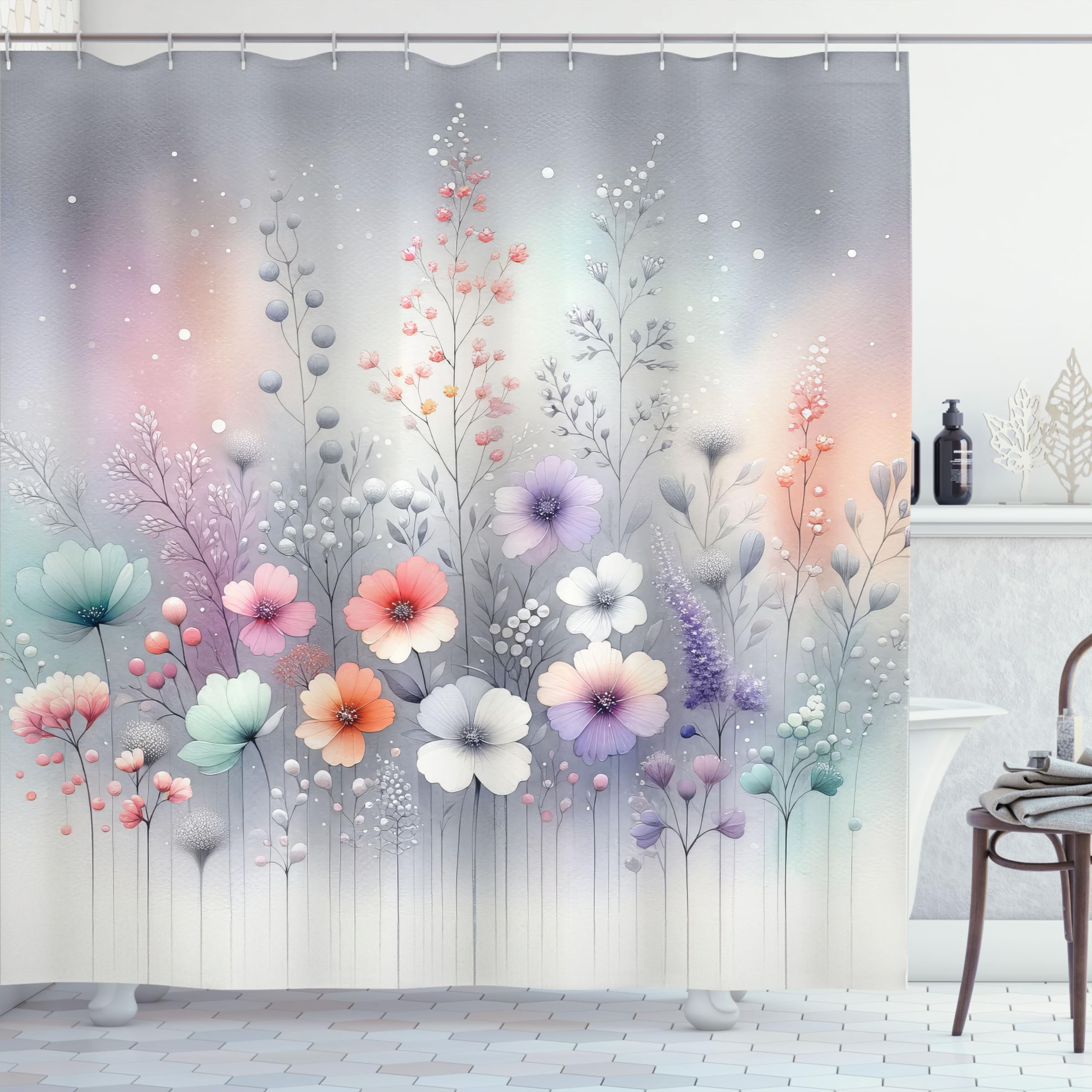 Ambesonne Floral Shower Curtain, Winter Fantasy Themed Dreamy Atmosphere And Blooming Delicate Flowers, Cloth Fabric Bathroom De