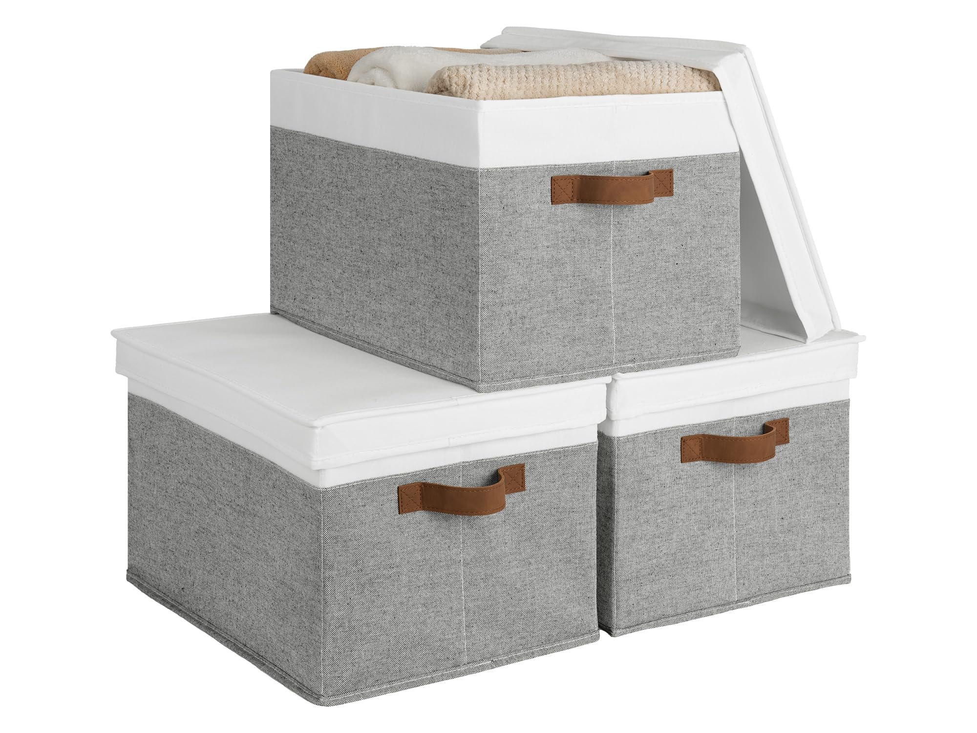 Storageworks Lidded Large Storage Bins, Foldable Decorative Storage Boxes, Fabric Storage Basket With Pu Handles, Grey And White