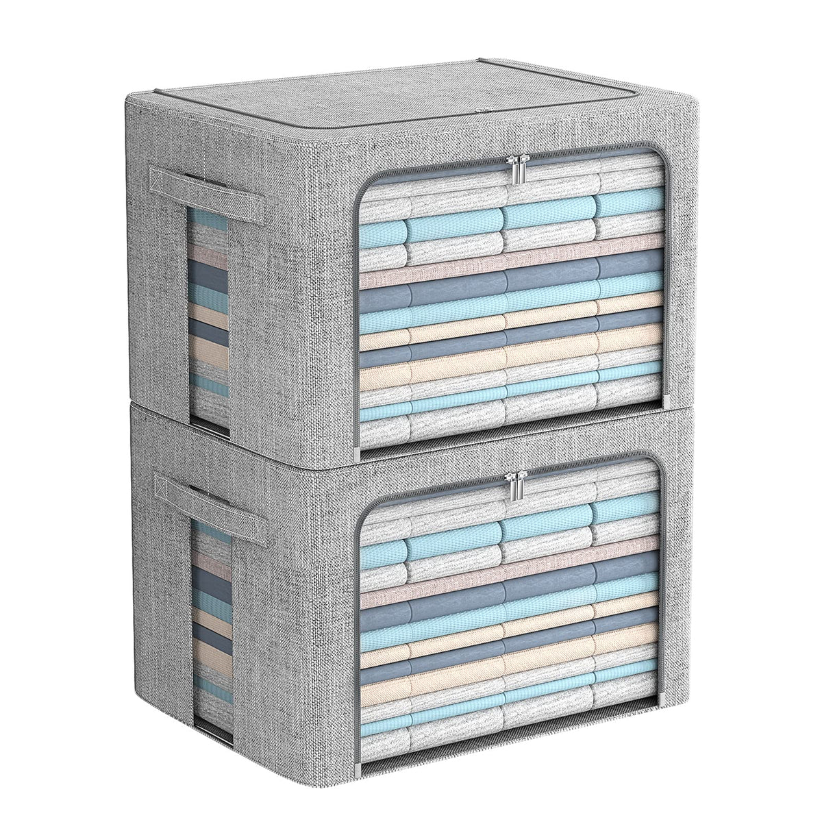 2 Pack Clear Window Storage Bins - Stackable Linen Fabric Storage for Clothes - Foldable Box Organizer Set with Carrying Handles