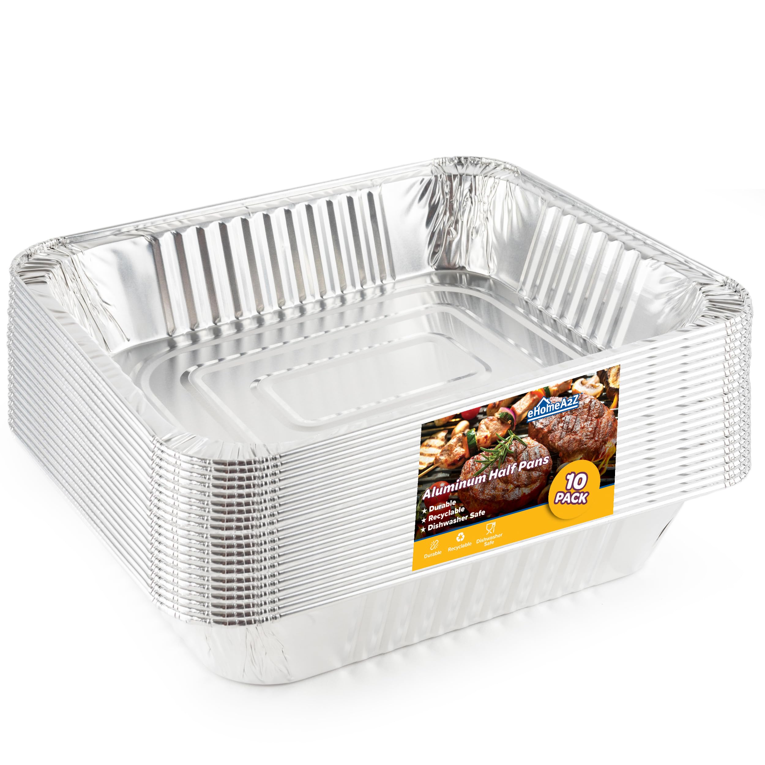 Ehomea2Z Aluminum Pans Disposable Half Size (10 Pack) 9X13 - Heavy Duty Aluminum Foil, 9X13 Baking Pan, Eco-Friendly & Safe, Lig