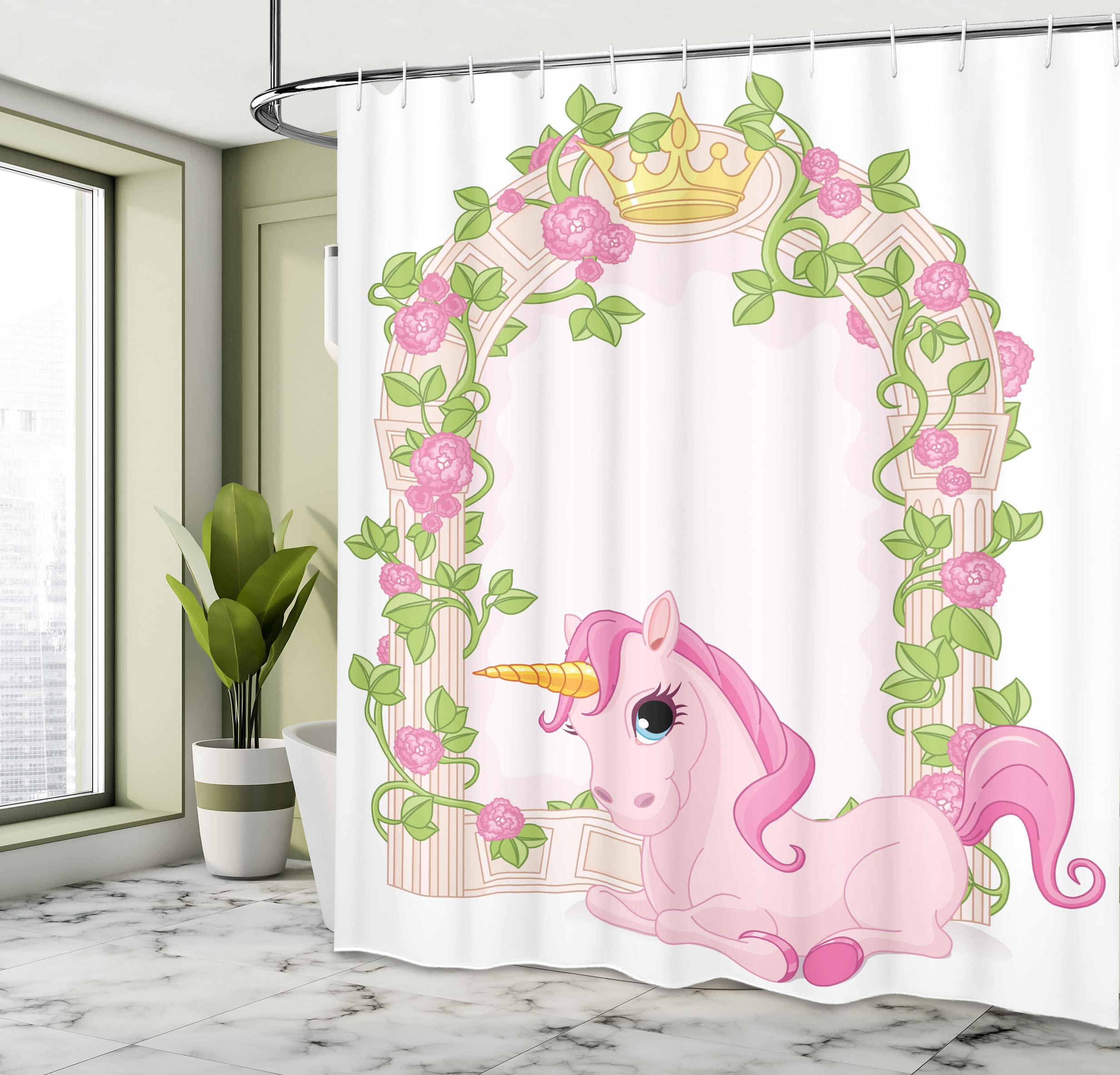 Ambesonne Feminine Shower Curtain, Romantic Floral Arch Frame With Roses Leaves Unicorn Magic Illustration, Cloth Fabric Bathroo