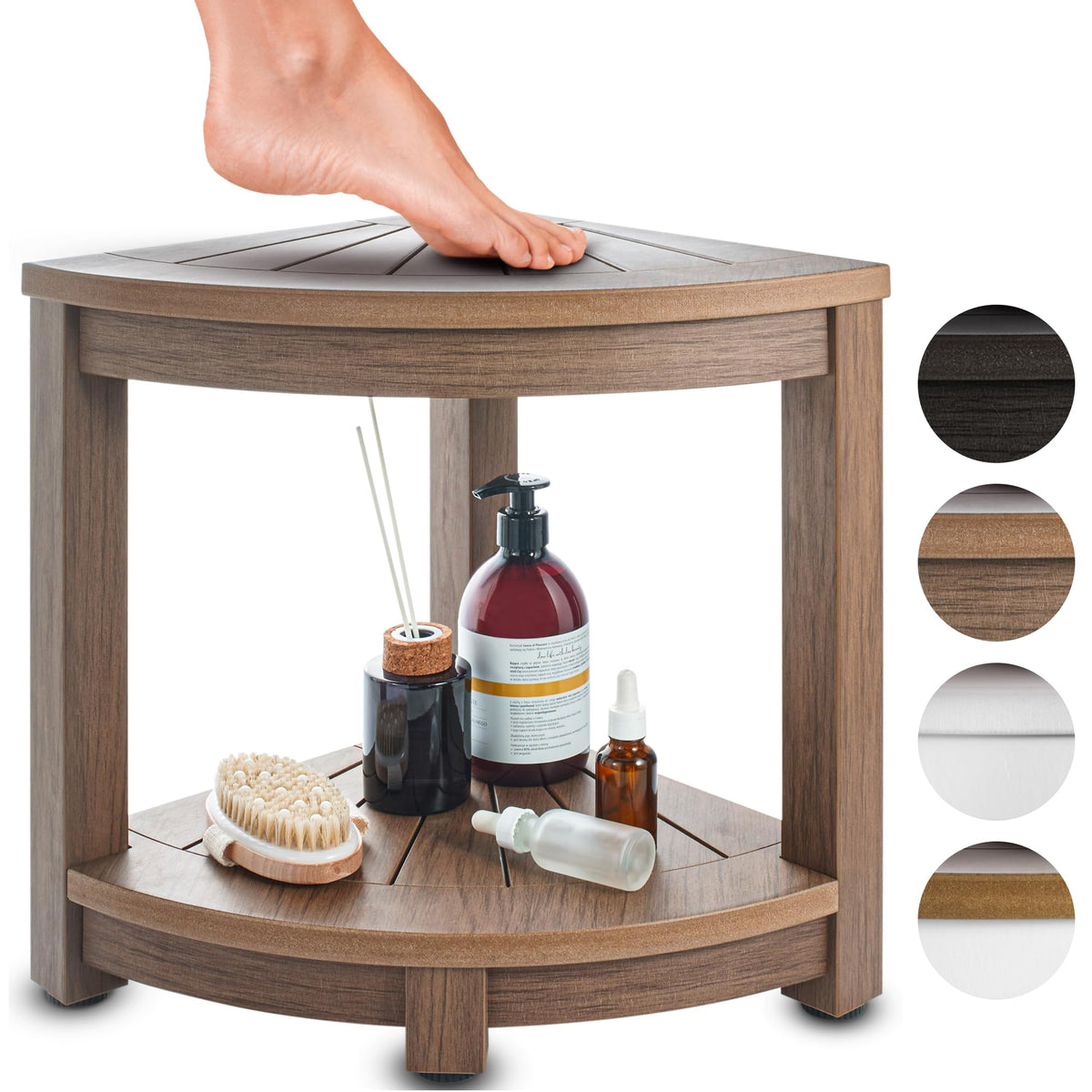 Rohkex Corner Shower Stool - Teak Shower Bench & Foot Rest - Waterproof, Adjustable, Non-Slip For Shaving Legs - Inside Shower S