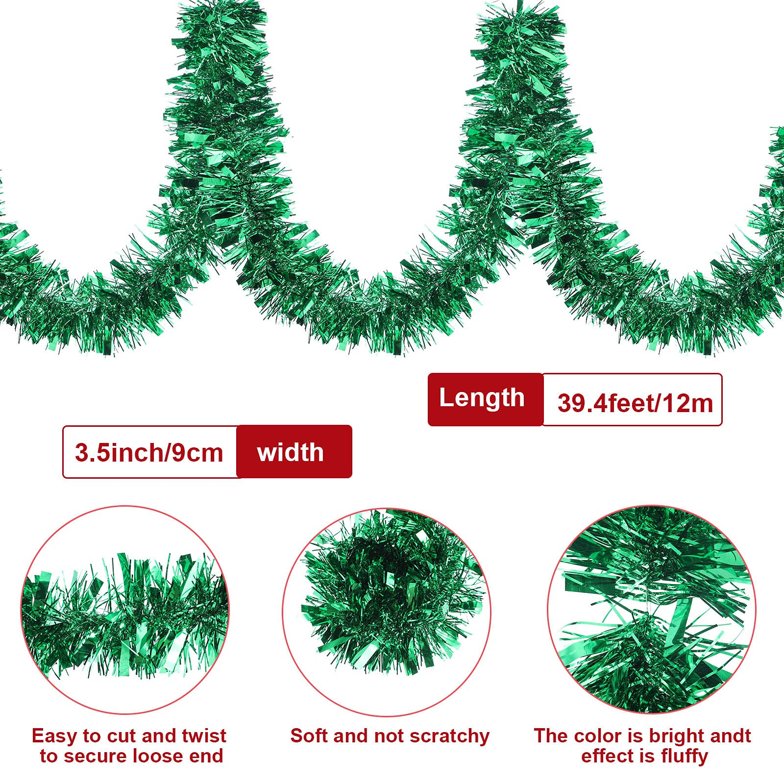 39.4 Feet Green Christmas Tinsel Garland Metallic Twist Garland Shiny Hanging Ornaments for Christmas Tree Party Supplies Indoor
