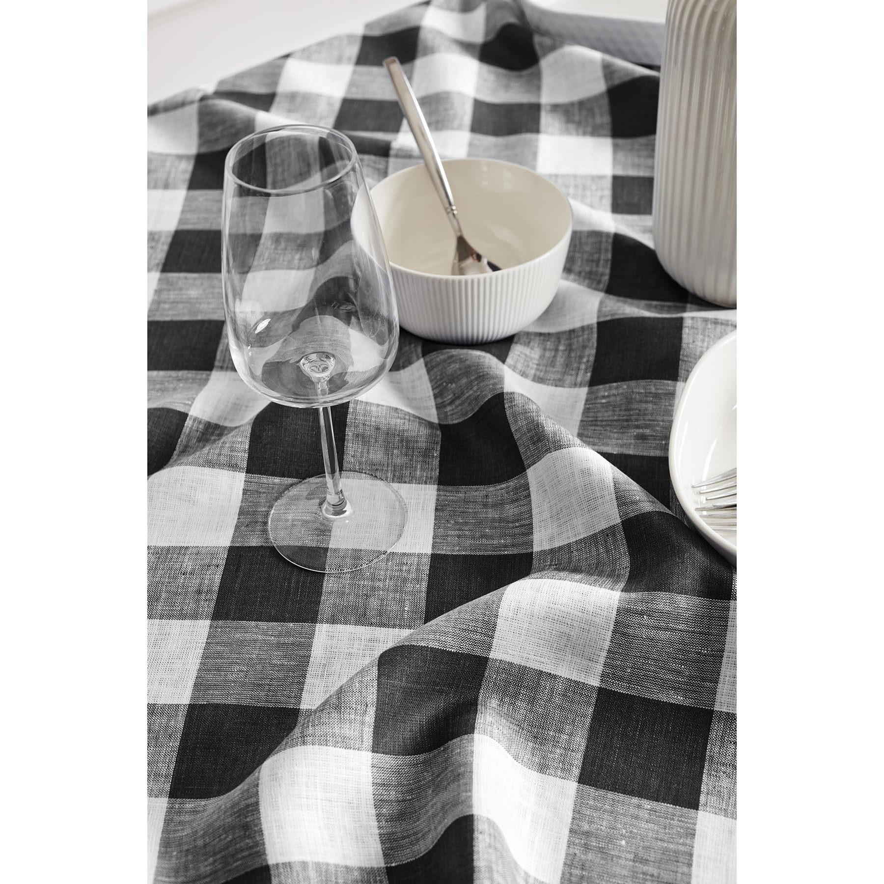 Solino Home Buffalo Check Linen Square Tablecloth 52 X 52 Inch - 100% Pure Linen Black And White Plaid Table Throw - Machine Was